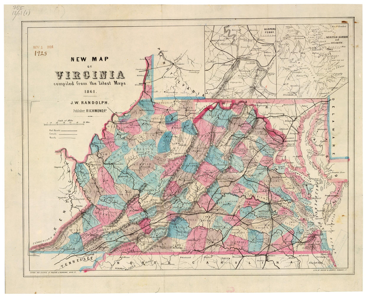 This old map of New Map of Virginia : Compiled from the Latest Maps from 1861 was created by  Harper &amp; Ludwig,  Husted &amp; Nenning,  J.W. Randolph &amp; Co. in 1861
