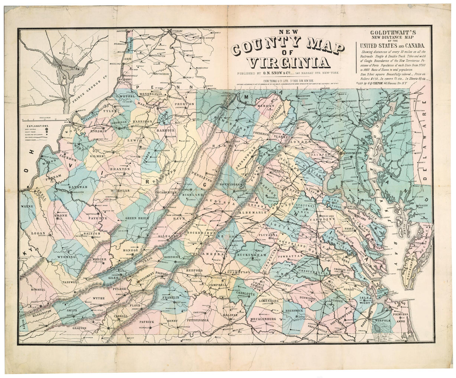 This old map of New County Map of Virginia from 1861 was created by Thomas &amp; Co. Crow,  O.N. Snow &amp; Co. in 1861