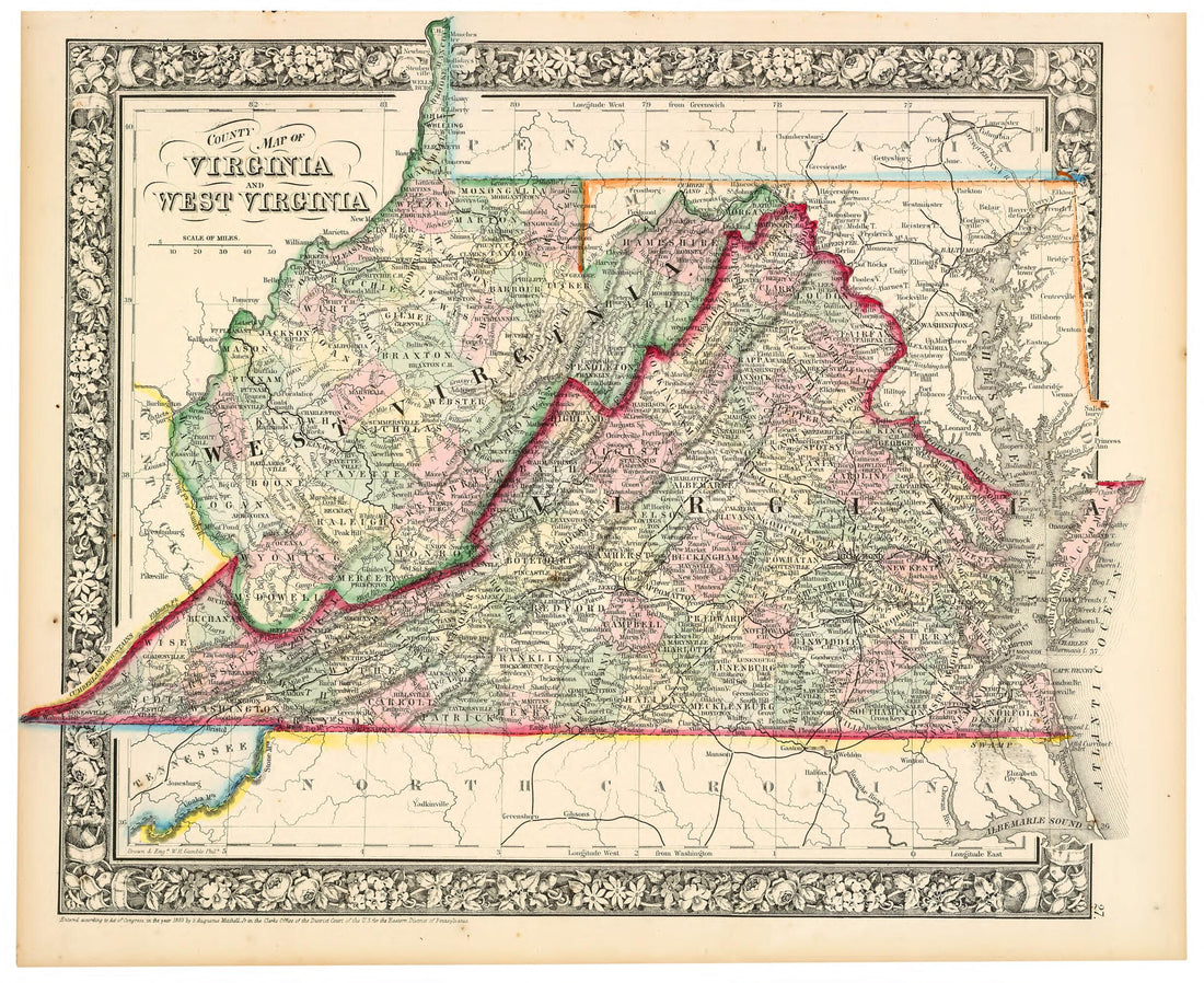 This old map of County Map of Virginia and West Virginia from 1863 was created by W. H. (William H.) Gamble, S. Augustus (Samuel Augustus) Mitchell in 1863