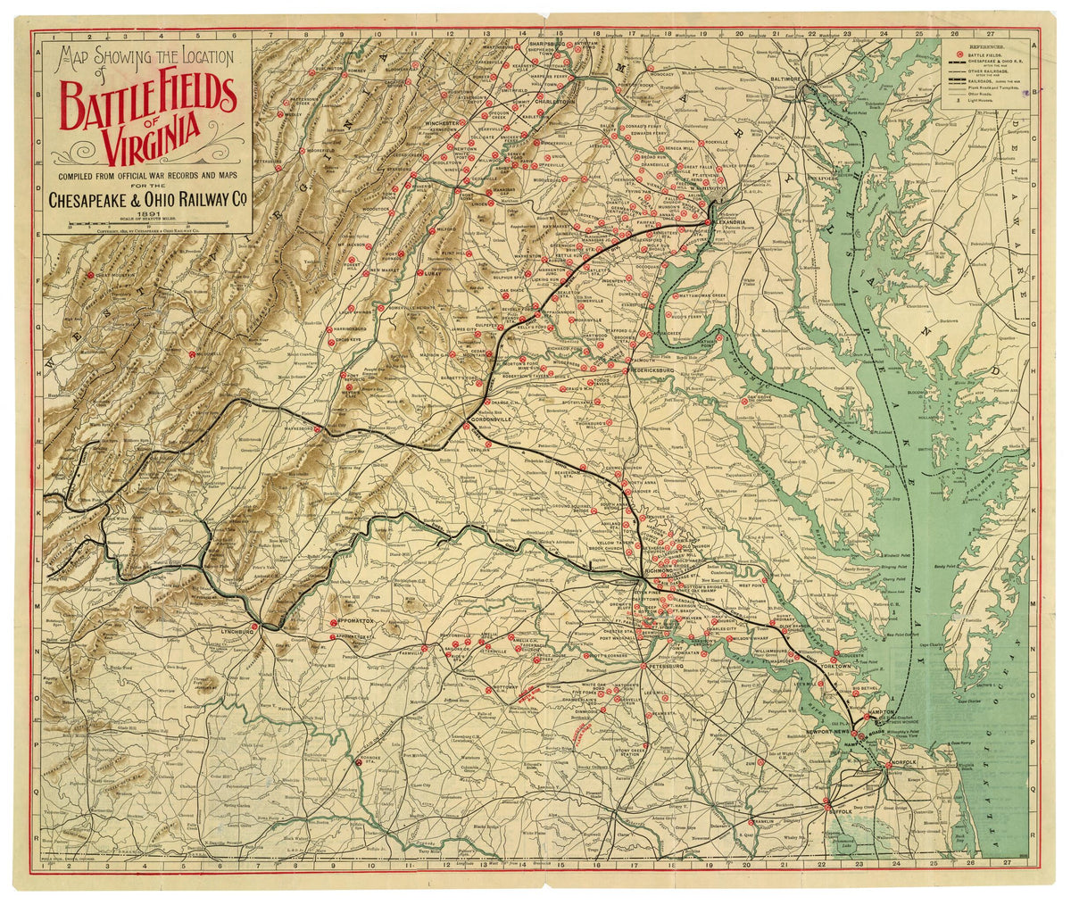 Map Showing the Location of Battle Fields of Virginia (Battle Fields of Virginia, Battlefields of Virginia) 1892 by Relic Map Company