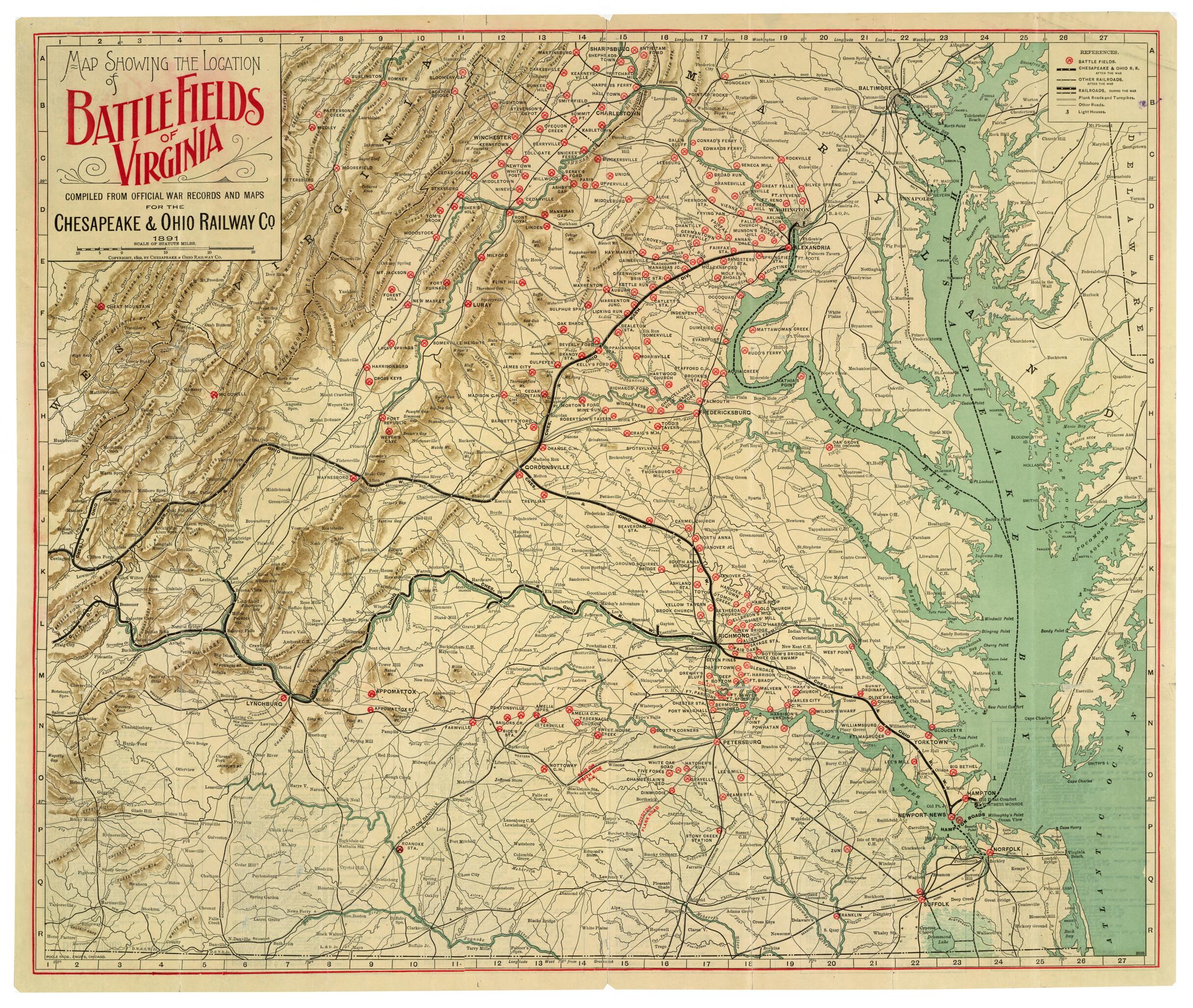 This old map of Map Showing the Location of Battle Fields of Virginia (Battle Fields of Virginia, Battlefields of Virginia) from 1892 was created by  Chesapeake and Ohio Railway Company,  Poole Brothers in 1892