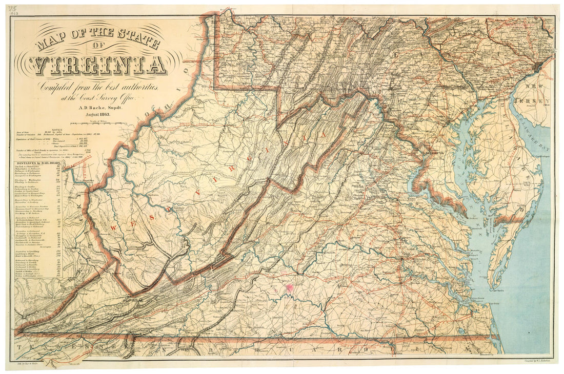 This old map of Map of the State of Virginia (Map of Virginia) from 1863 was created by A. D. (Alexander Dallas) Bache, Charles G. Krebs, W. L. Nicholson,  United States Coast Survey,  W.H. &amp; O.H. Morrison (Firm) in 1863