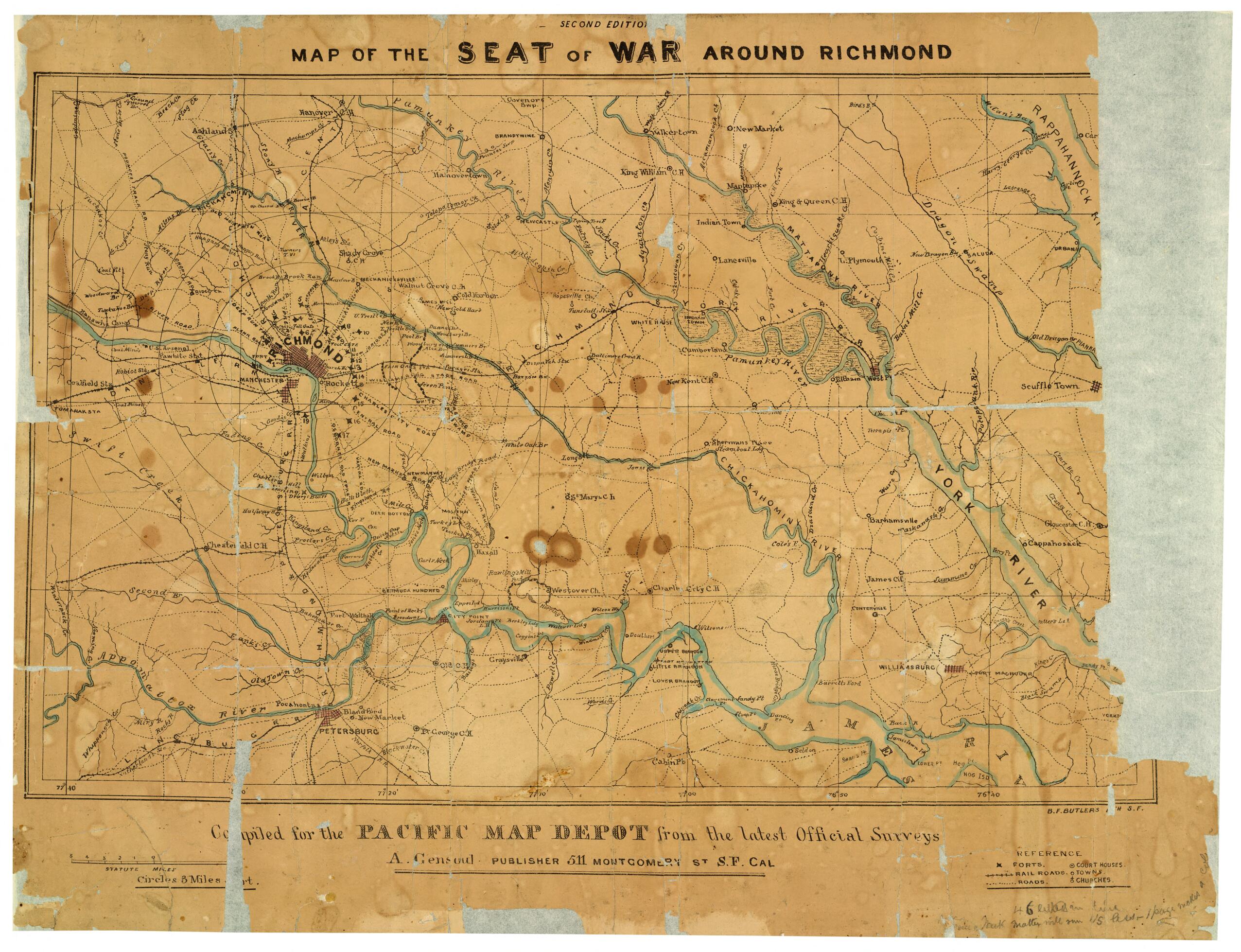 This old map of Map of the Seat of War Around Richmond from 1862 was created by B. F. Butlers, A. (Adrien) Gensoul,  Pacific Map Depot in 1862