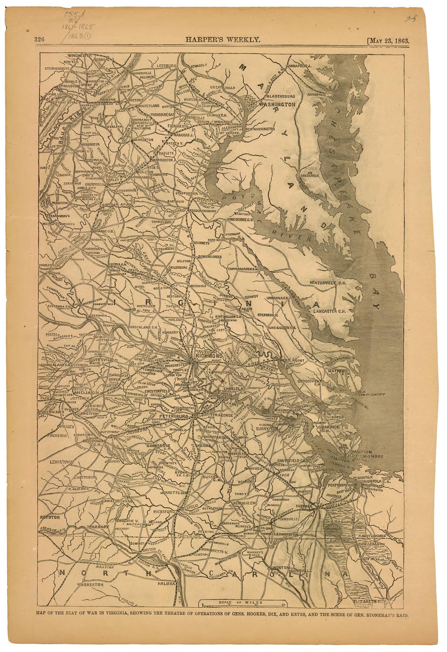 This old map of Map of the Seat of War In Virginia : Showing the Theatre of Operations of Gens. Hooker, Dix, and Keyes, and the Scene of Gen. Stoneman&