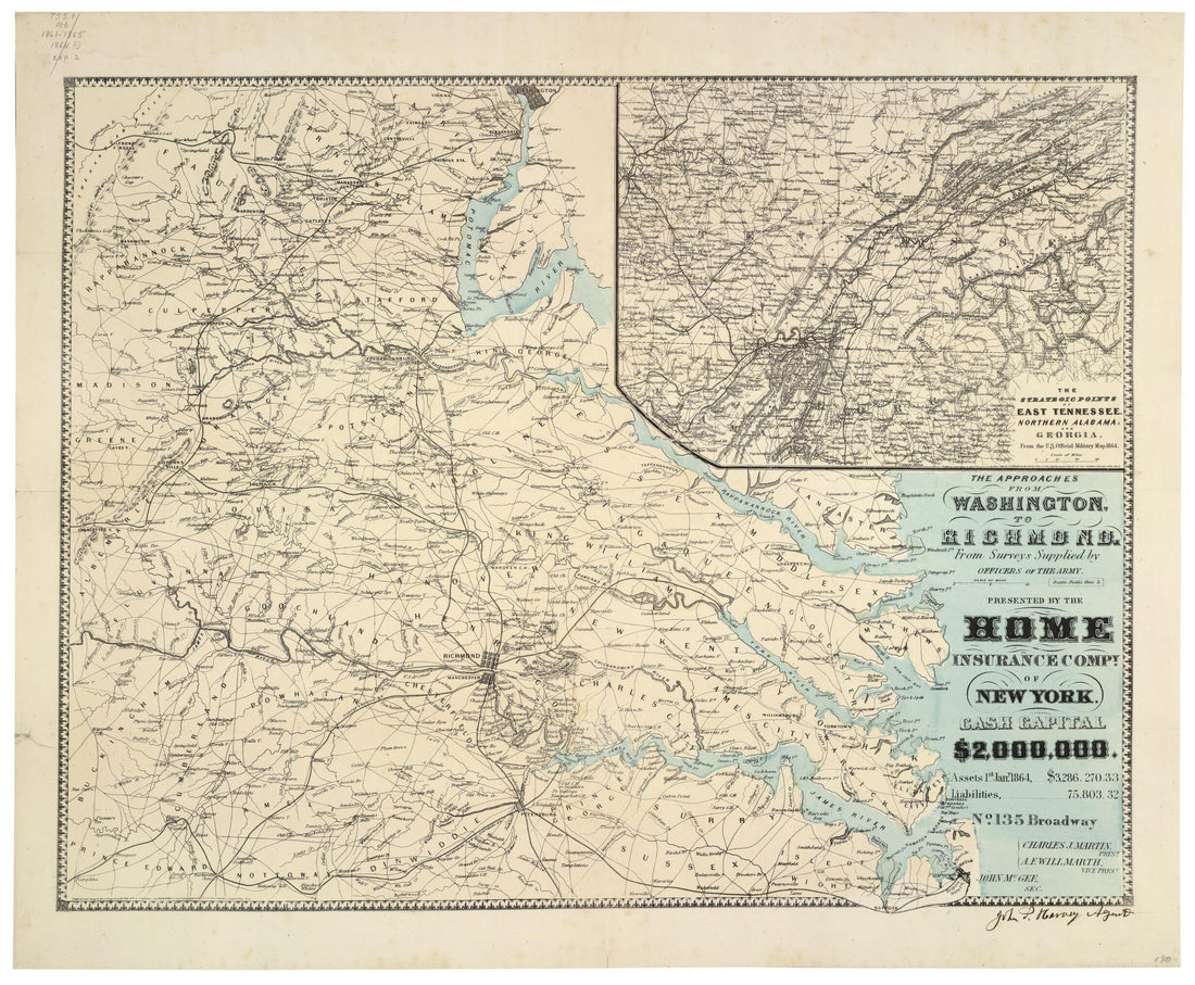 This old map of The Approaches from Washington, to Richmond from 1864 was created by D. A. (Daniel Addison) Heald,  Home Insurance Company in 1864