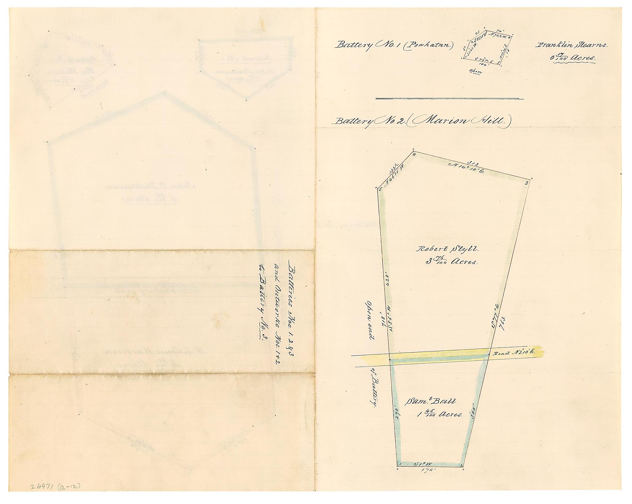 This old map of Battery No. 1 (Powhatan) ; : Battery No. 2 (Marion Hill). (Batteries Nos. 1, 2 &amp; 3 and Outworks No. 1 &amp; 2 to Battery No. 3, Battery No. 2 (Marion Hill)) from 1861 was created by B. M. Jones in 1861