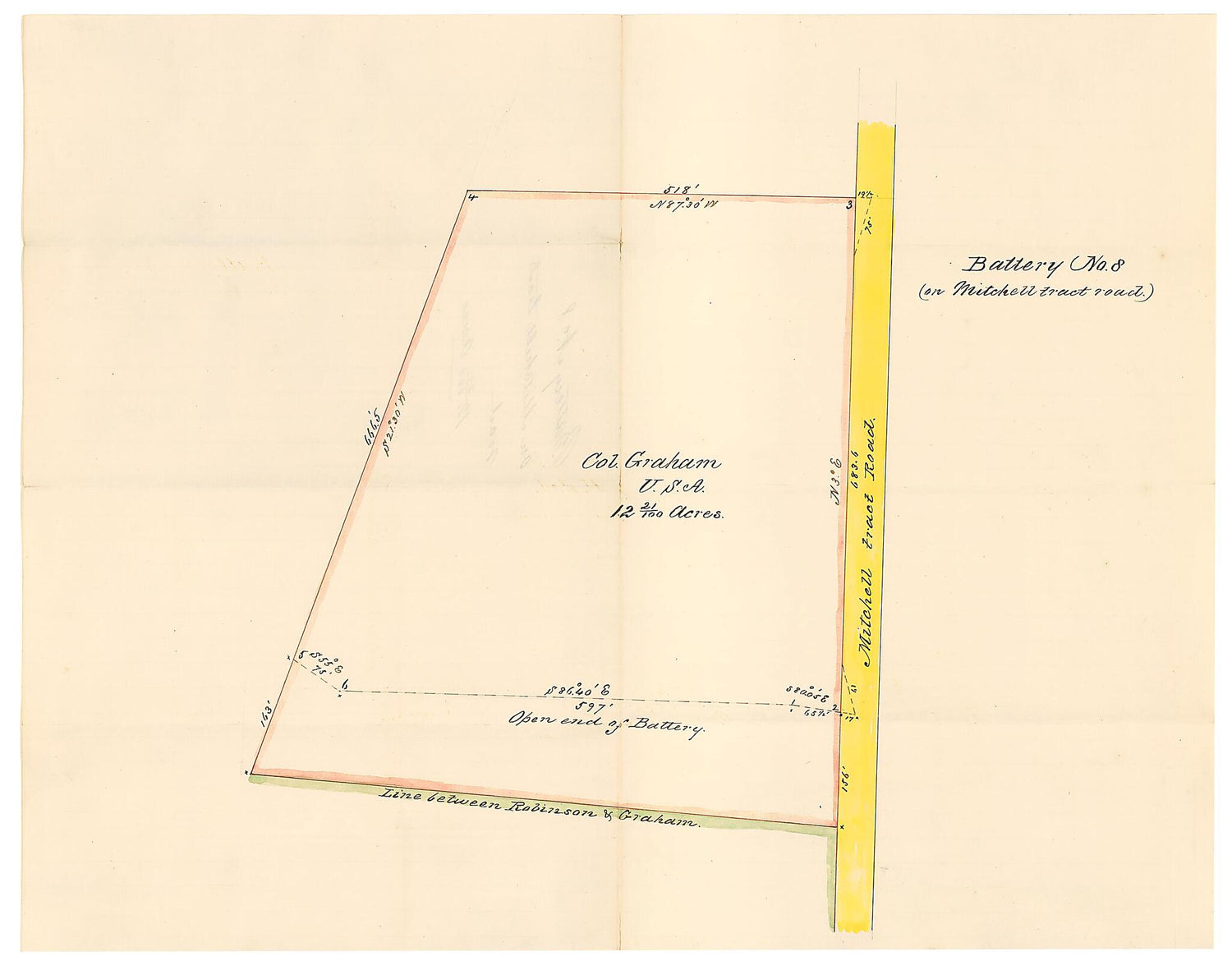 This old map of Battery No. 8 (on Mitchell Tract Road) from 1861 was created by B. M. Jones in 1861