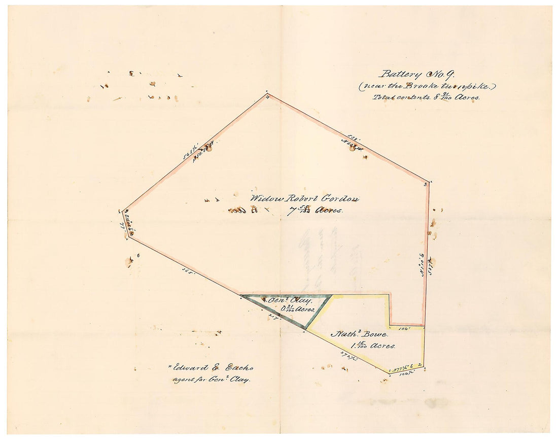 This old map of Battery No. 9 (near the Brooke Turnpike) : Total Contents 8 91/100 Acres from 1861 was created by B. M. Jones in 1861