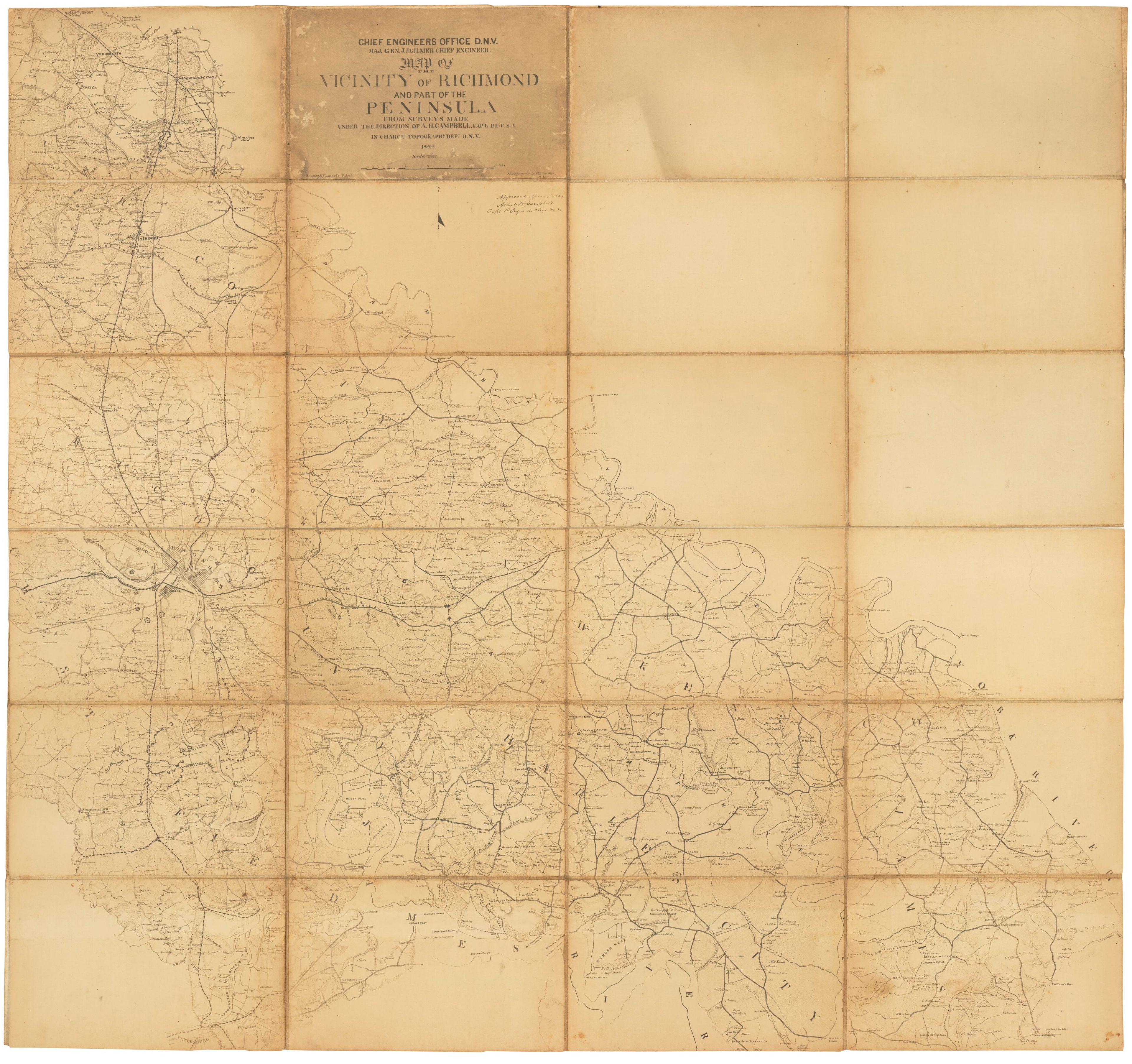 This old map of Map of the Vicinity of Richmond and Part of the Peninsula from 1864 was created by Albert H. (Albert Henry) Campbell in 1864