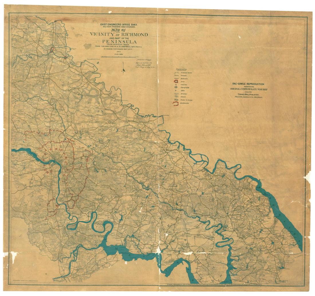 This old map of Map of the Vicinity of Richmond and Part of the Peninsula from 1864 was created by T. Sewell Ball, Albert H. (Albert Henry) Campbell in 1864