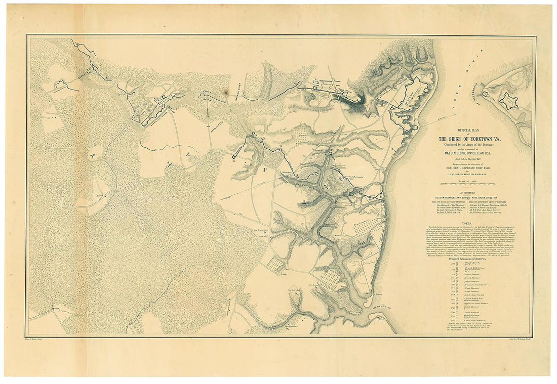 This old map of Official Plan of the Siege of Yorktown, Va. : Conducted by the Army of the Potomac Under Command of Maj. Gen. George B. McClellan U.S.A., April 5th to May 3rd from 1862 was created by Henry L. Abbot, J. F. Gedney, Charles G. Krebs,  Unite