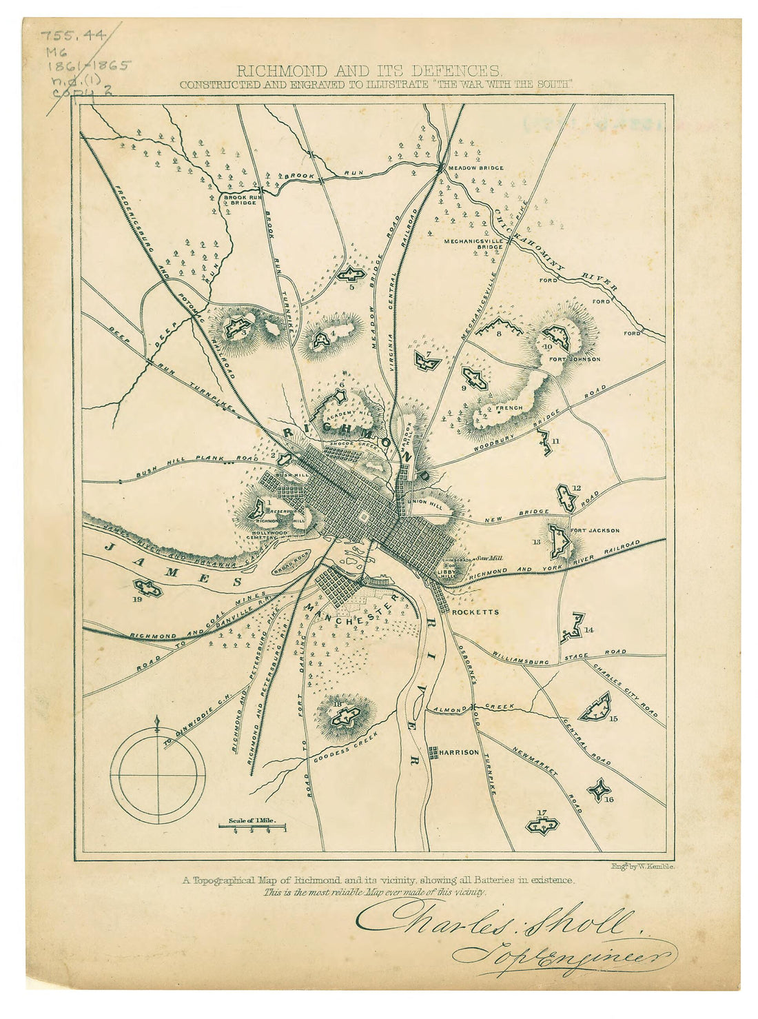 This old map of Richmond and Its Defences sic : Constructed and Engraved to Illustrate The War With the South (Richmond and Its Defenses) from 1862 was created by W. (William) Kemble, Charles Sholl in 1862