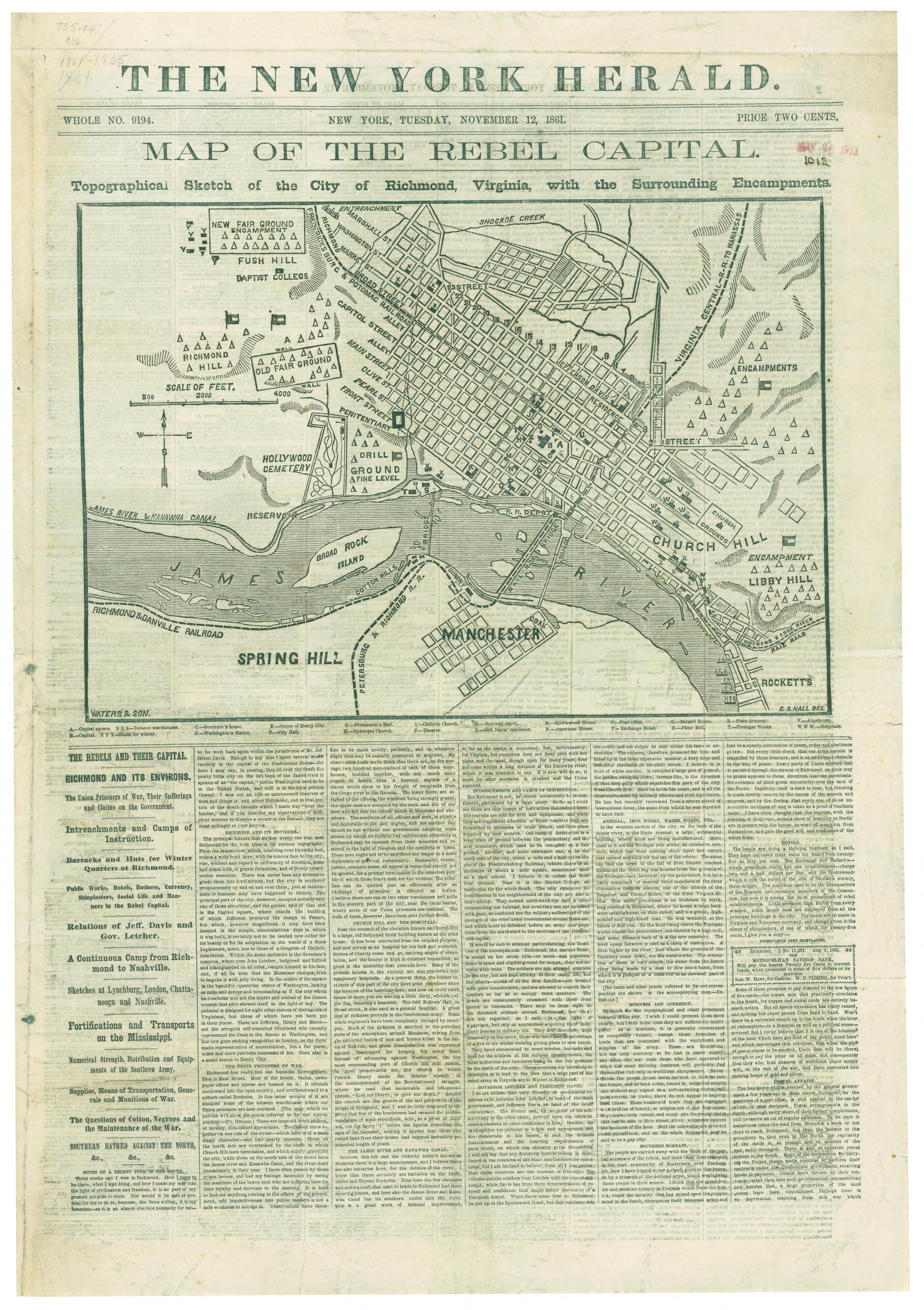 This old map of Map of the Rebel Capital : Topographical Sketch of the City of Richmond, Virginia With the Surrounding Encampments from 1861 was created by Edward S. Hall in 1861