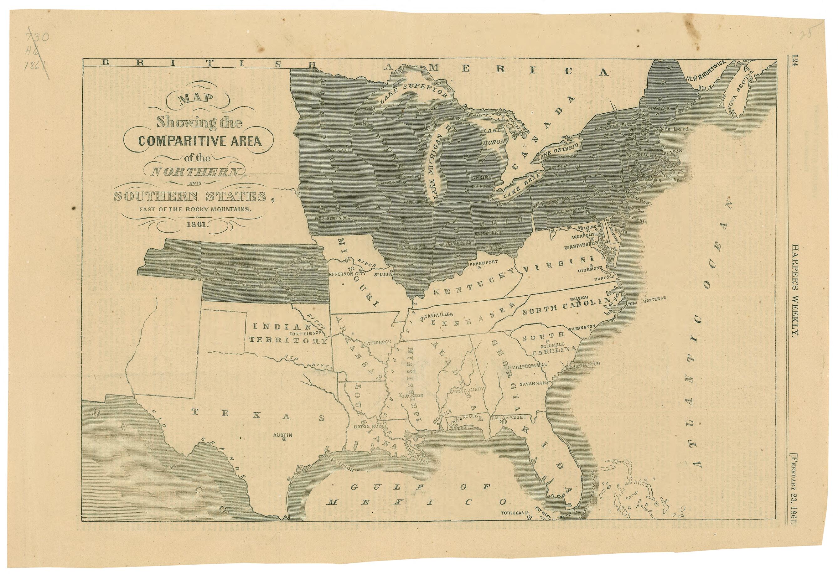 This old map of Map Showing the Comparative Area of the Northern and Southern States, East of the Rocky Mountains from 1861 was created by  in 1861