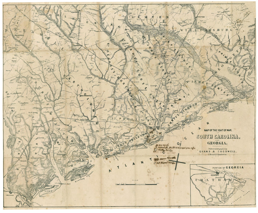 This old map of Map of the Seat of War, In South Carolina, and Georgia from 1861 was created by  Evans &amp; Cogswell in 1861