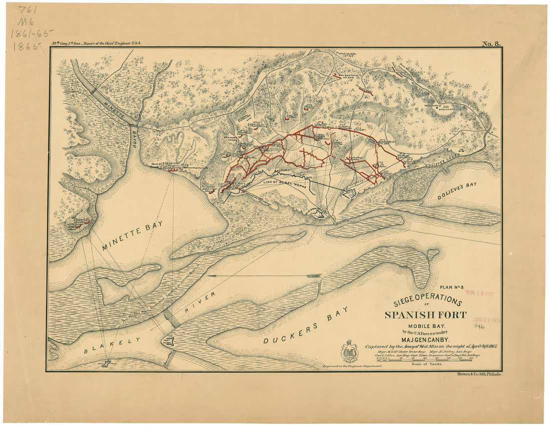 This old map of Siege Operations at Spanish Fort, Mobile Bay, by the U.S. Forces Under Maj. Gen. Canby : Captured by the Army of West Mississippi On the Night of April 8 &amp; 9, 1865 (Plan No. 8) from 1866 was created by C. J. Allen, Miles D. McAlester, J. 