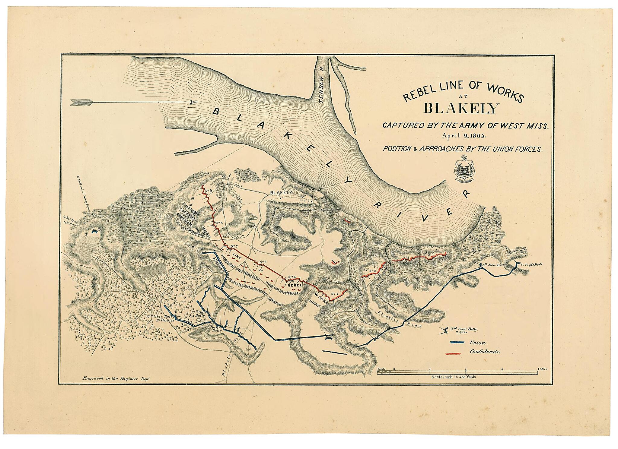 This old map of Rebel Line of Works at Blakely Captured by the Army of West Mississippi, April 9, from 1865 : Position &amp; Approaches by the Union Forces was created by  United States. Army. Corps of Engineers in 1865