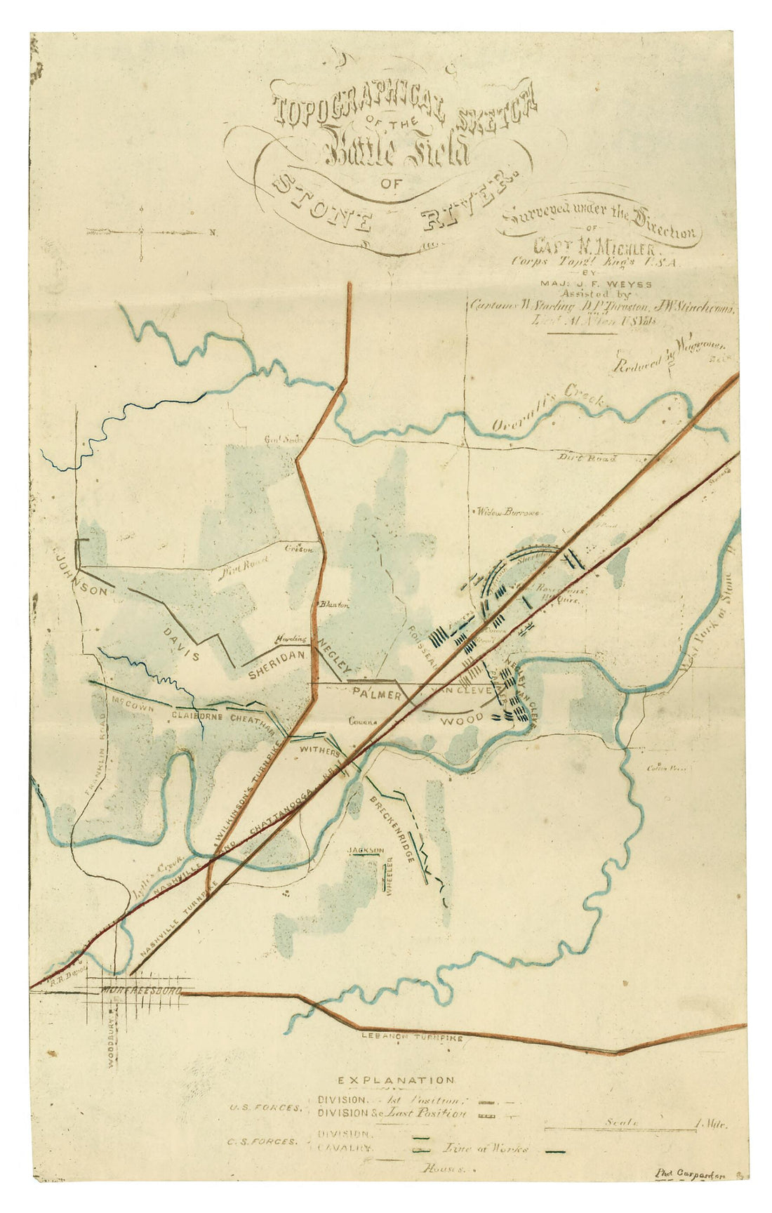 This old map of Topographical Sketch of the Battle Field of Stone River from 1863 was created by N. (Nathaniel) Michler,  United States. Army. Corps of Engineers, J. E. Weyss in 1863