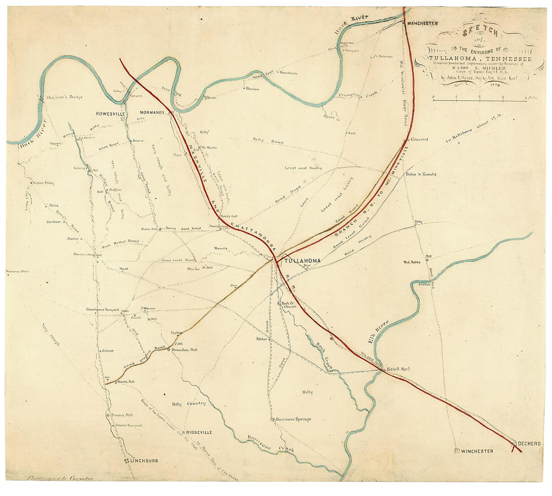 This old map of Sketch of the Environs of Tullahoma, Tennessee from 1865 was created by N. (Nathaniel) Michler,  United States. Army. Corps of Engineers, J. E. Weyss in 1865