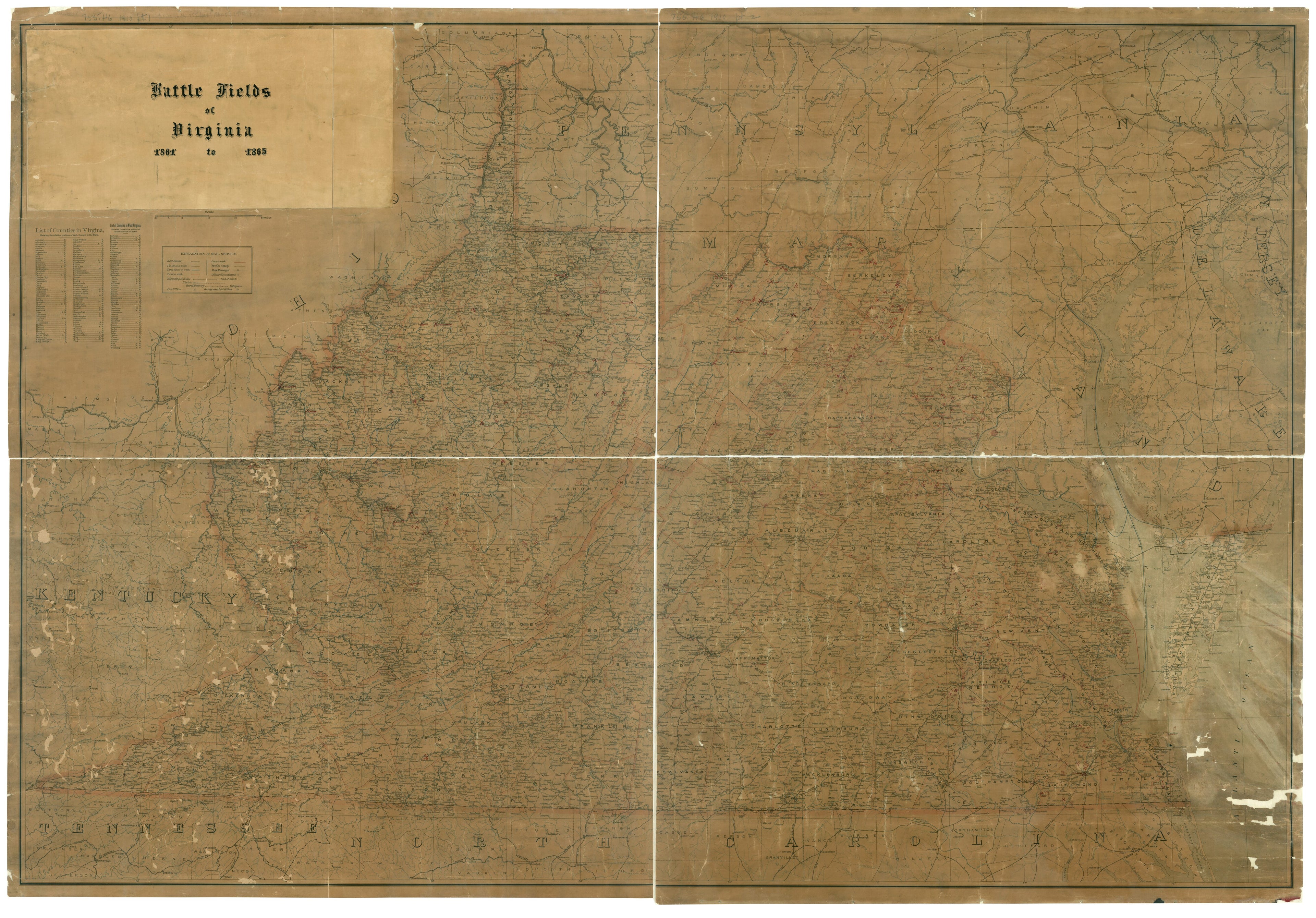 This old map of Battle Fields of Virginia 1861 to 1865. (Post Route Map of the States of Virginia and West Virginia) from 1900 was created by Raleigh T. (Raleigh Travers) Daniel,  United States. Post Office Dept in 1900