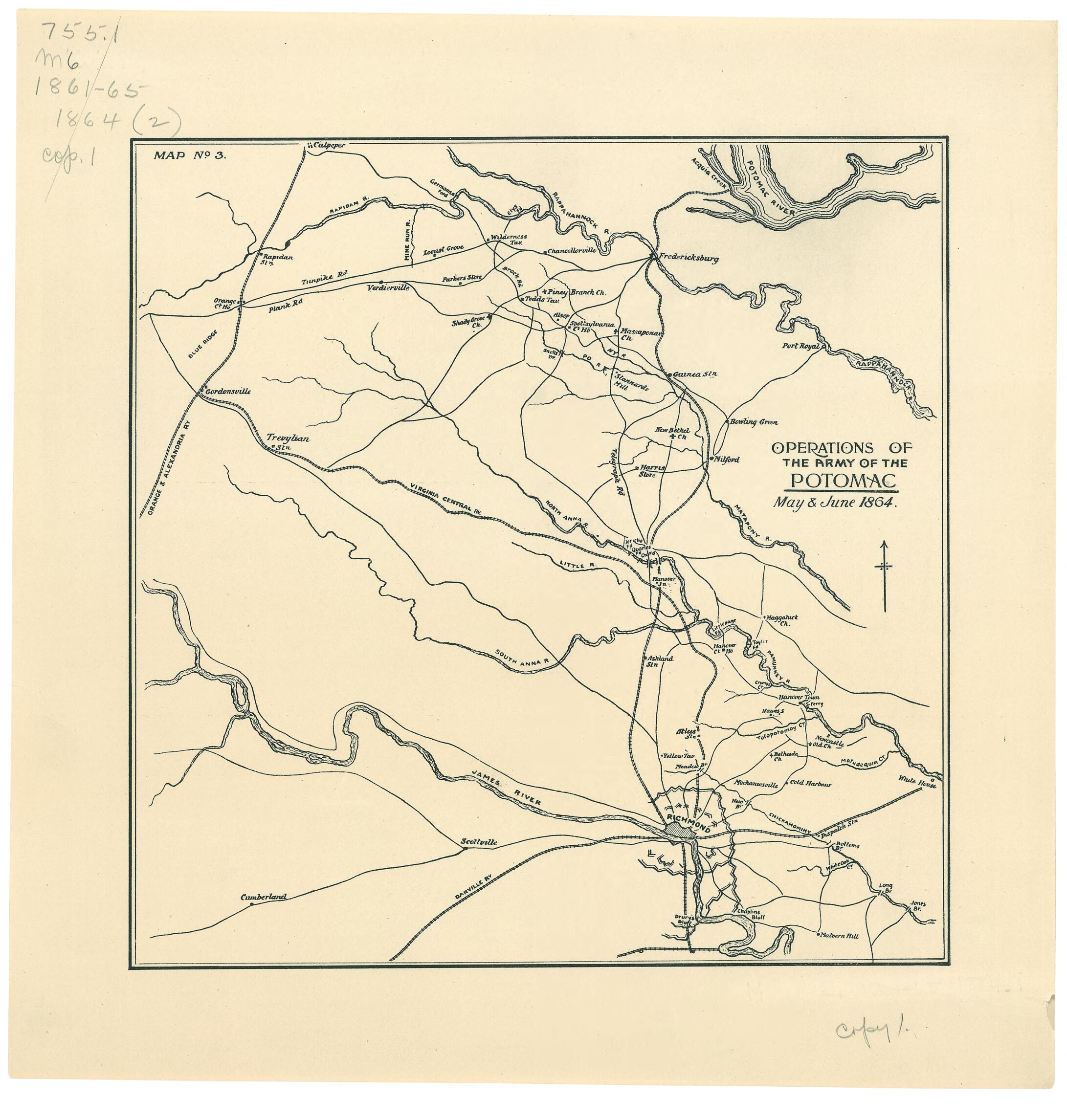 This old map of Operations of the Army of the Potomac, May &amp; June from 1864 was created by  in 1864