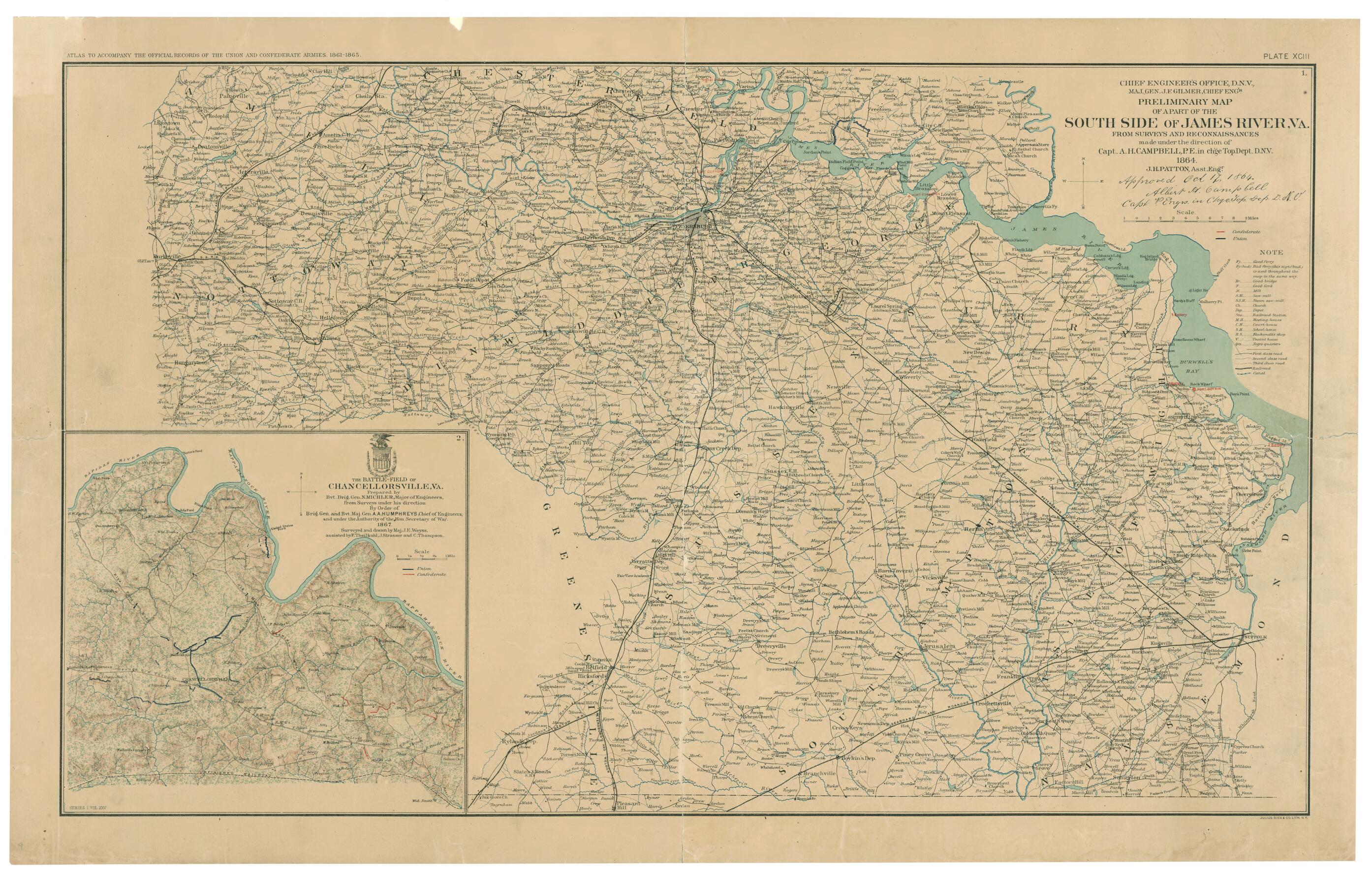 This old map of Preliminary Map of a Part of the South Side of James River, Va. : from Surveys and Reconnaissances from 1891 was created by Julius Bien, Albert H. (Albert Henry) Campbell,  Confederate States of America. Army of Northern Virginia. Enginee