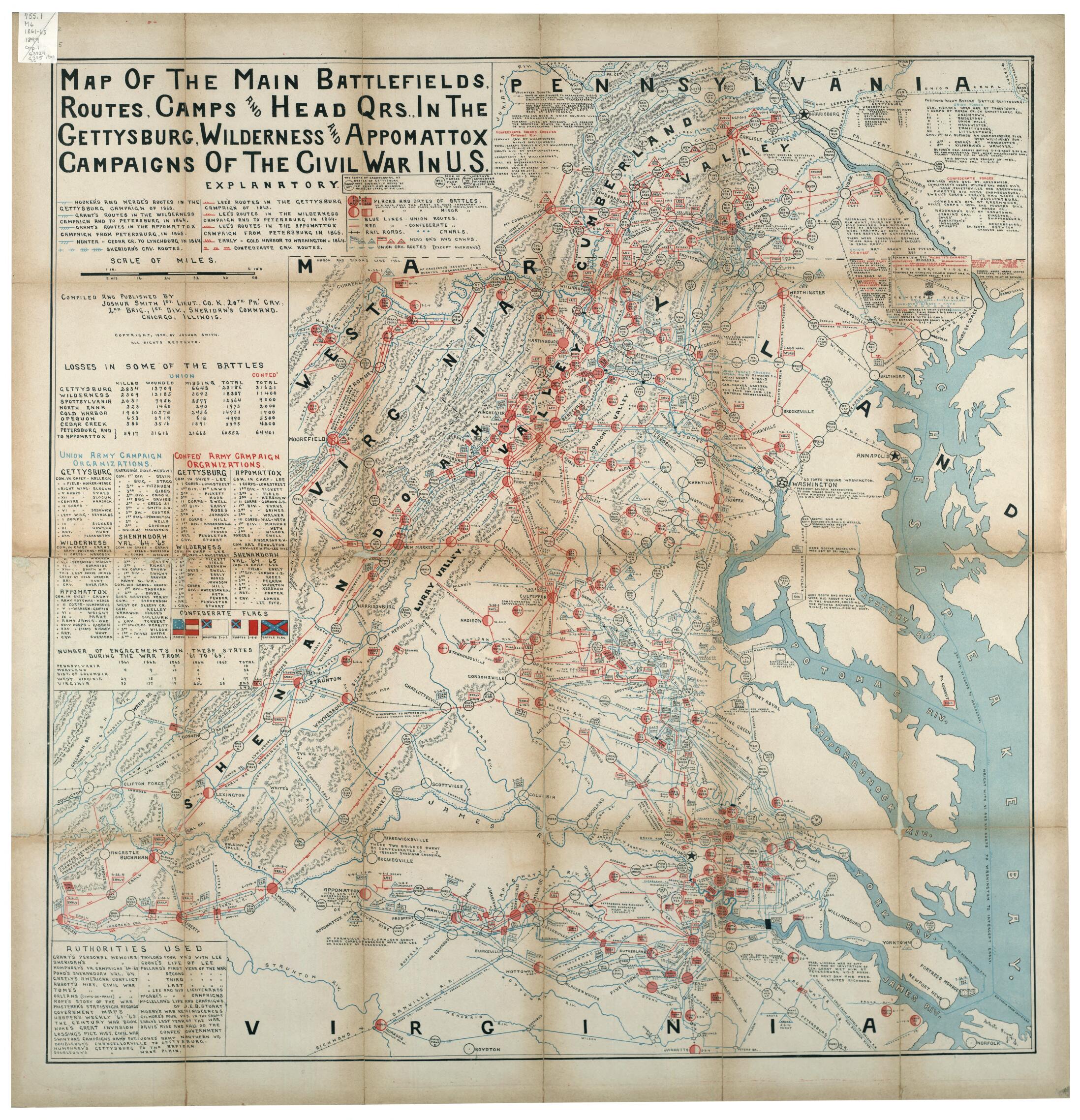 This old map of Map of the Main Battlefields, Routes, Camps and Head Qrs., In the Gettysburg, Wilderness and Appomattox Campaigns of the Civil War In U.S from 1900 was created by Joshua Smith in 1900