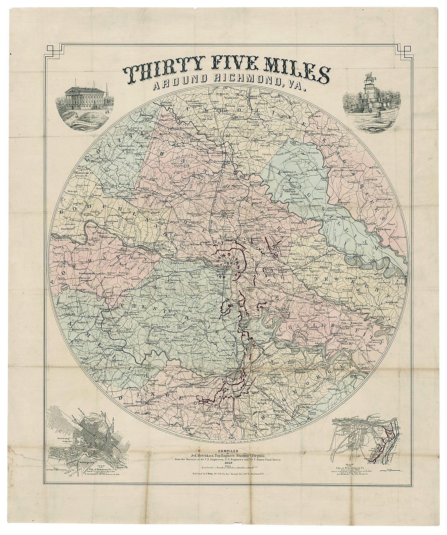 This old map of Thirty Five Miles Around Richmond, Va from 1867 was created by Jedediah Hotchkiss in 1867