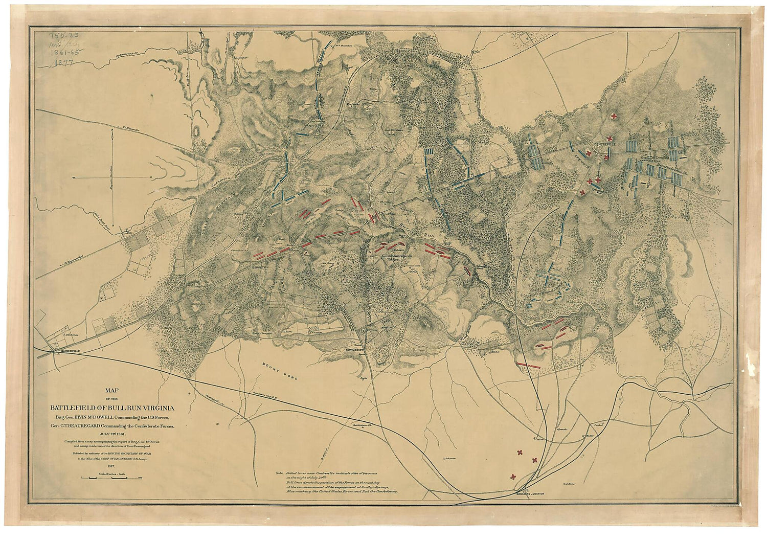This old map of Map of the Battlefield of Bull Run, Virginia. Brig. Gen. Irvin McDowell Commanding the U.S. Forces, Gen. G. i.e. P. T. Beauregard Commanding the Confederate Forces, July 21st 1861 from 1877 was created by  United States. Army. Corps of En