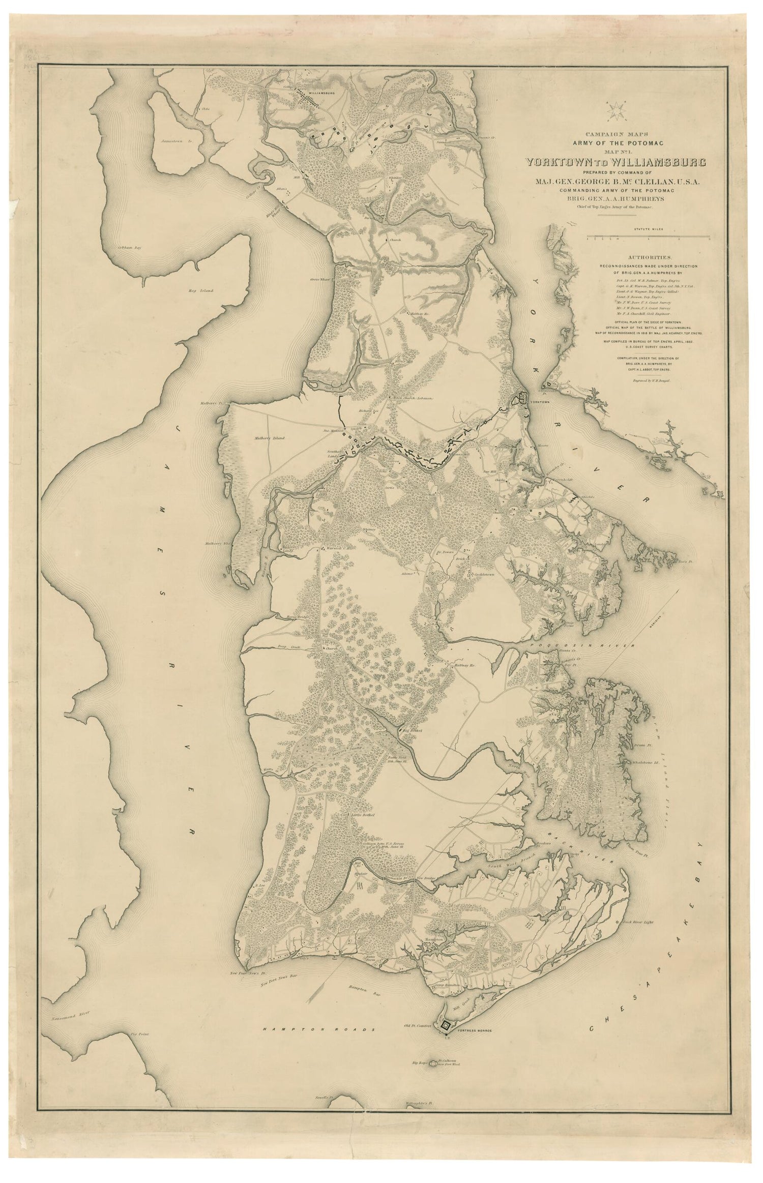 This old map of Yorktown to Williamsburg (Campaign Map, Army of the Potomac, Map No. 1) from 1862 was created by Henry L. Abbot, William H. Dougal,  United States. Army of the Potomac. Engineer Dept in 1862