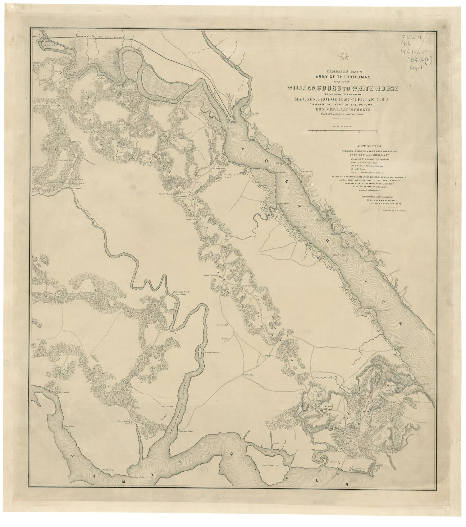 This old map of Williamsburg to White House (Campaign Map, Army of the Potomac, Map No. 2) from 1862 was created by Henry L. Abbot, William H. Dougal,  United States. Army of the Potomac. Engineer Dept in 1862
