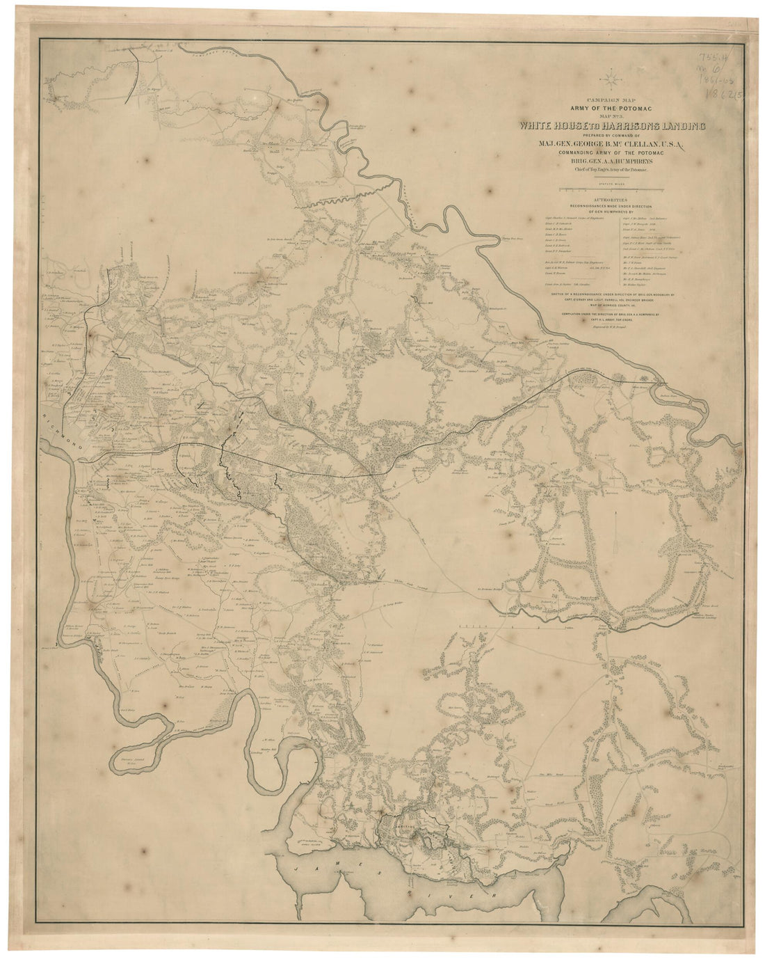 This old map of White House to Harrisons Landing (Campaign Map, Army of the Potomac, Map No 3) from 1862 was created by Henry L. Abbot, William H. Dougal,  United States. Army of the Potomac. Engineer Dept in 1862