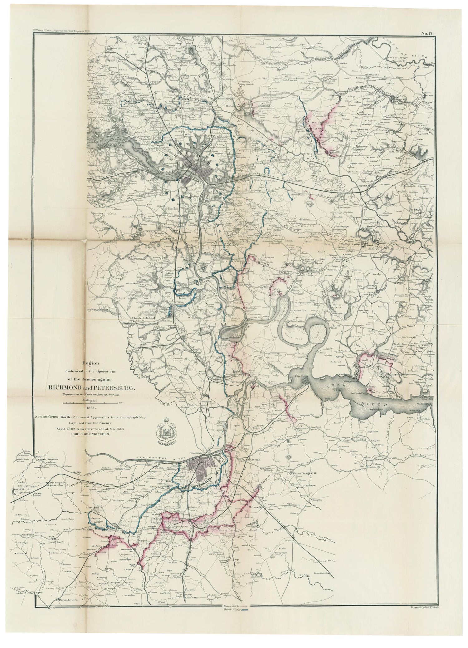 This old map of Region Embraced In the Operations of the Armies Against Richmond and Petersburg from 1865 was created by  Bowen &amp; Co., N. (Nathaniel) Michler,  United States. Army. Corps of Engineers,  United States. War Dept. Engineer Bureau in 1865