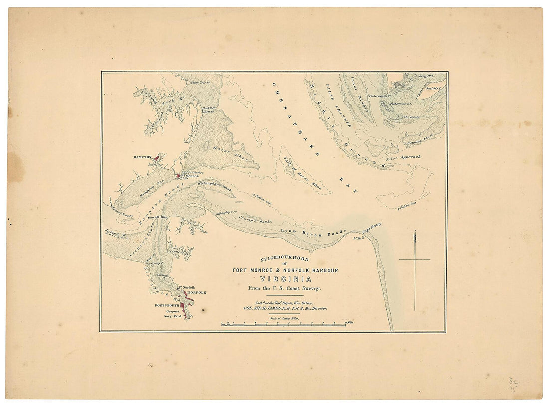 This old map of Neighborhood of Fort Monroe &amp; Norfolk Harbour Virginia : from the U.S. Coast Survey from 1862 was created by  Great Britain. War Office. Topographical Depot, H. James in 1862