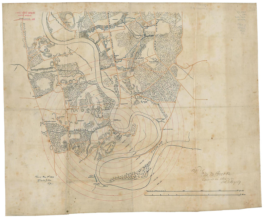 This old map of Semmes Battery and Vicinity, Chesterfield County, Virginia, from 1864 was created by John M. (John Mercer) Brooke,  Confederate States of America. Navy Dept. Office of Ordnance and Hydrography, Charles J. Ost in 1864