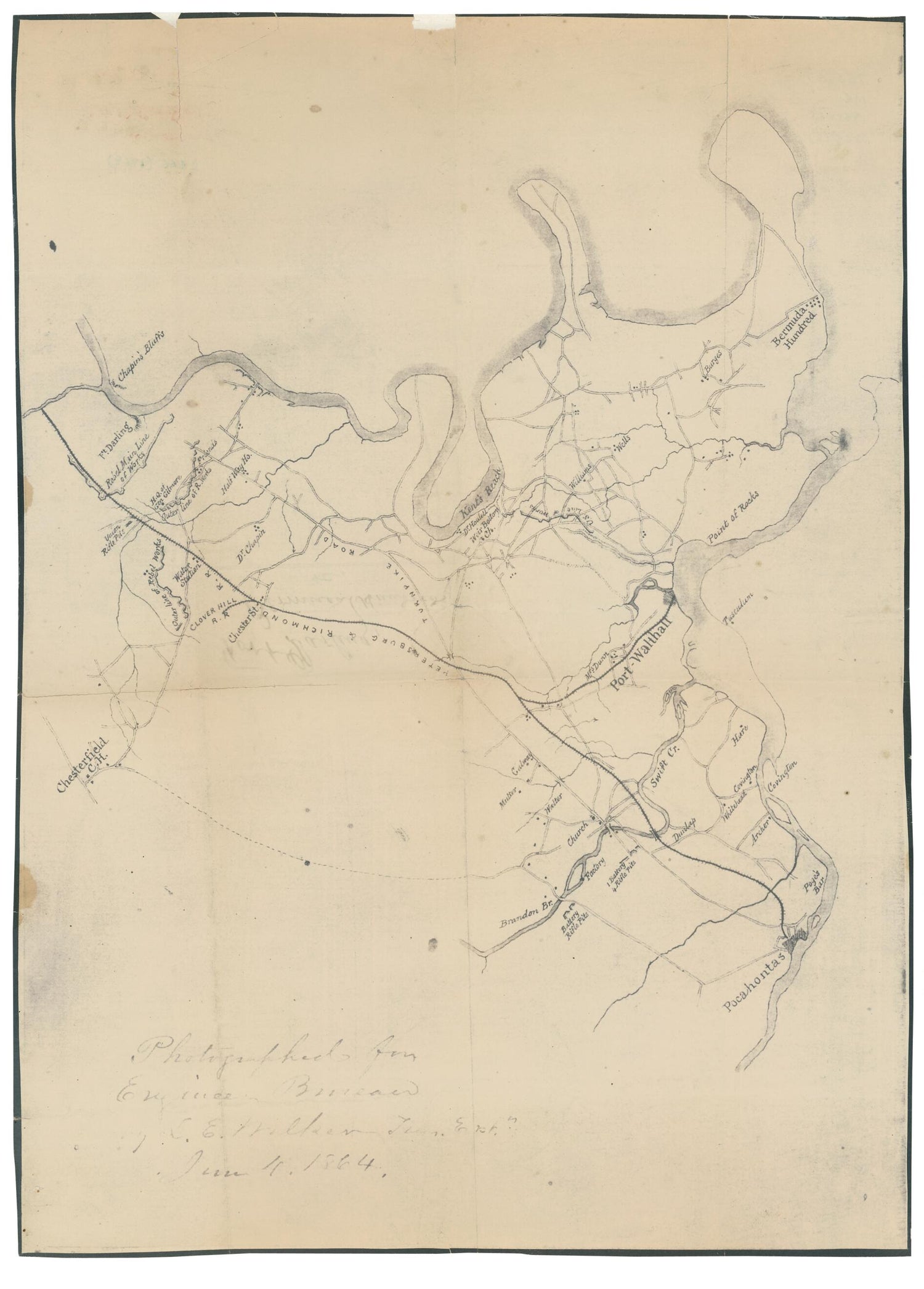 This old map of Eastern Part of Chesterfield County, Virginia (Fort Darling, Bermuda Hundred, &amp;c.) from 1864 was created by  United States. War Dept. Engineer Bureau, L. E. Walker in 1864