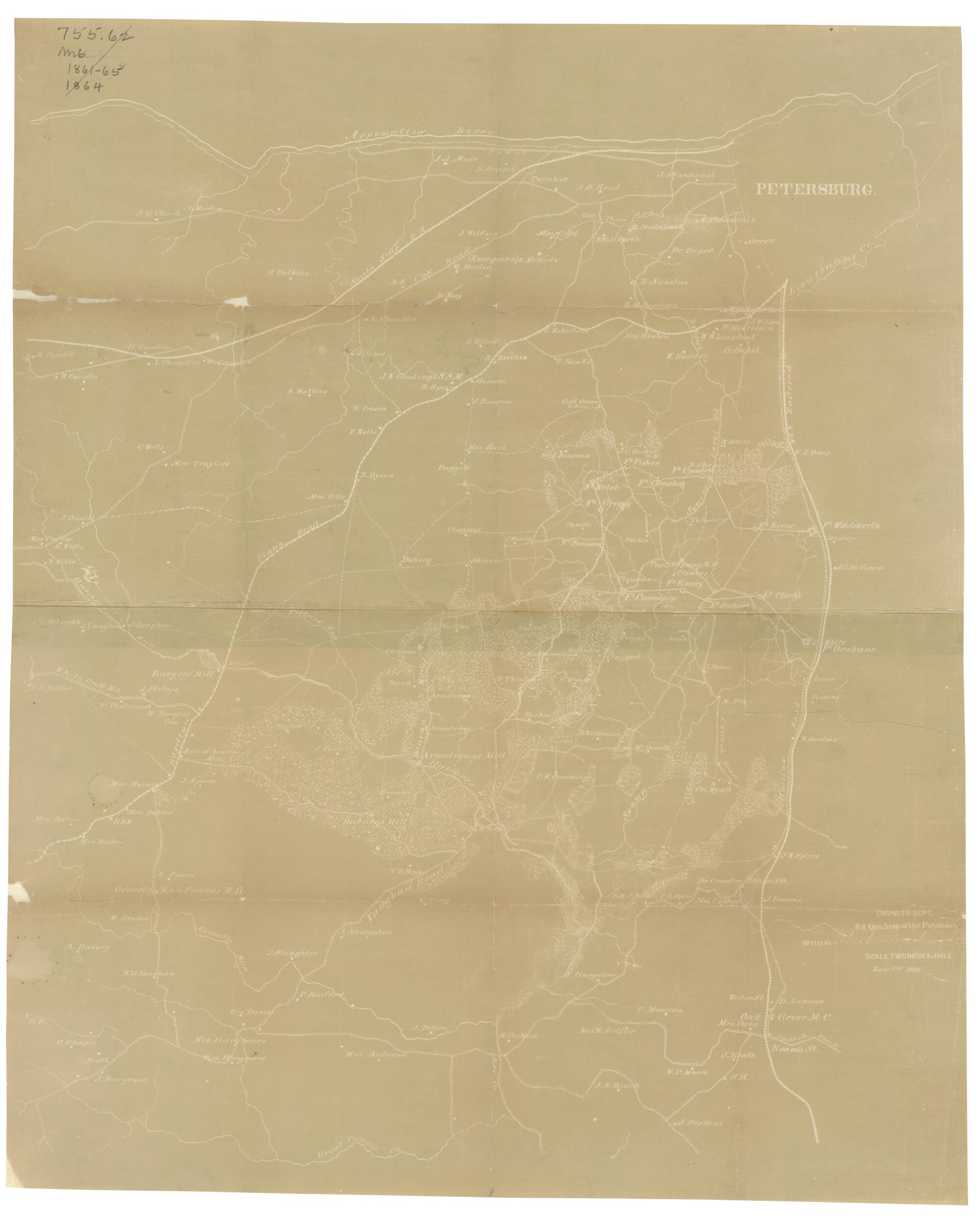 This old map of Map of Dinwiddie and Parts of Prince George and Sussex Counties, Virginia (Dinwiddie Co. and Petersburg) from 1864 was created by N. (Nathaniel) Michler,  United States. Army of the Potomac. Engineer Dept in 1864