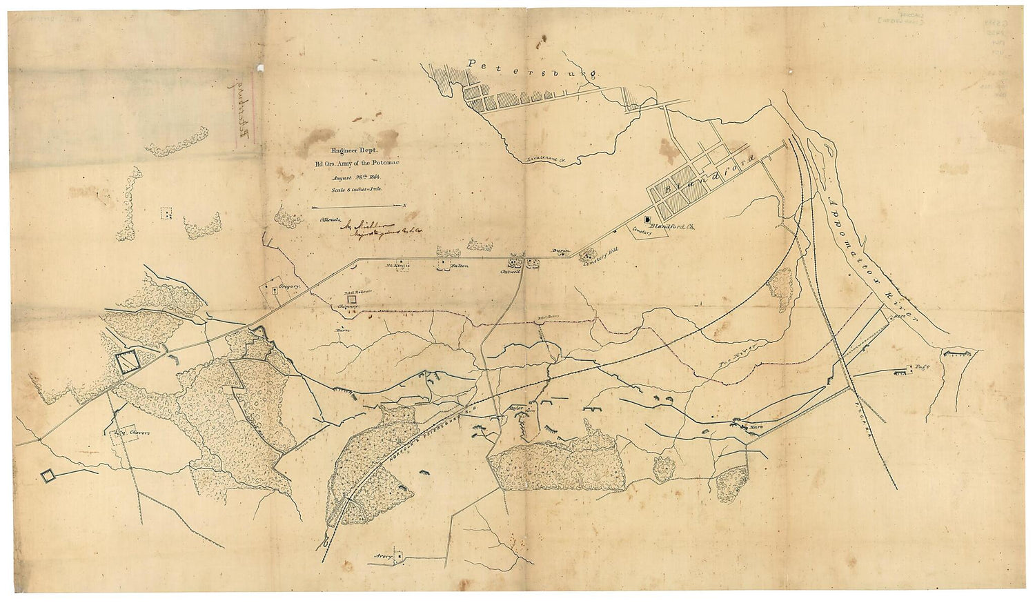 This old map of Vicinity of Petersburg (Petersburg) from 1864 was created by N. (Nathaniel) Michler,  United States. Army of the Potomac. Engineer Dept in 1864