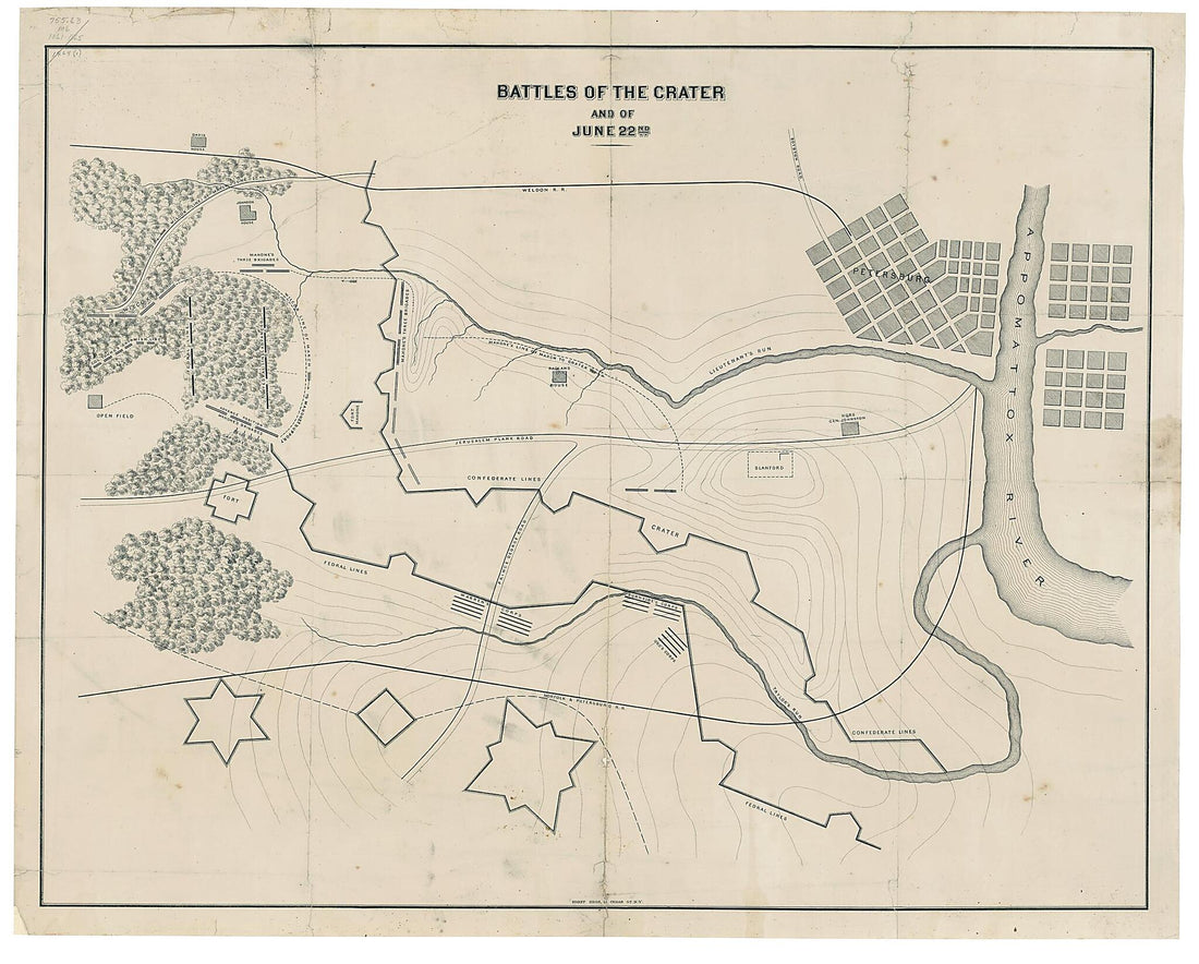This old map of Battles of the Crater and of June 22nd from 1864 was created by  Korff Brothers in 1864