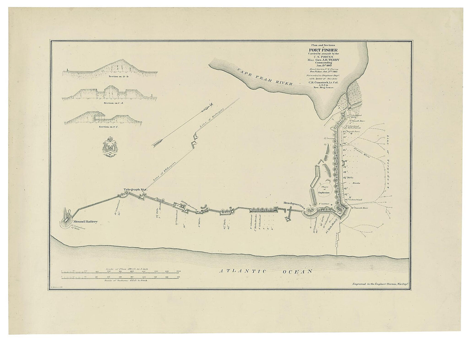 This old map of Plan and Sections of Fort Fisher, Carried by Assault by the U.S. Forces, Maj. Gen. A.H. Terry Commanding, Jan. 15th, from 1865 was created by C. B. (Cyrus Ballou) Comstock, E. Molitor, Alfred Howe Terry,  United States. War Dept. Engineer