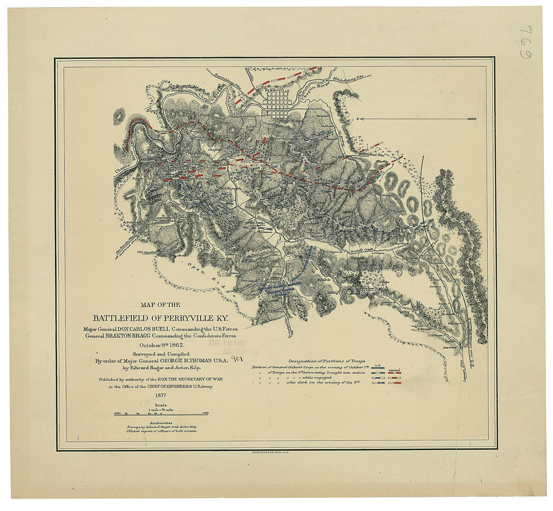 This old map of Map of the Battlefield of Perryville, Ky. : Major General Don Carlos Buell Commanding the U.S. Forces, General Braxton Bragg Commanding the Confederate Forces. October 8th 1862 from 1877 was created by  Julius Bien &amp; Co., Anton Kilp, Edwa