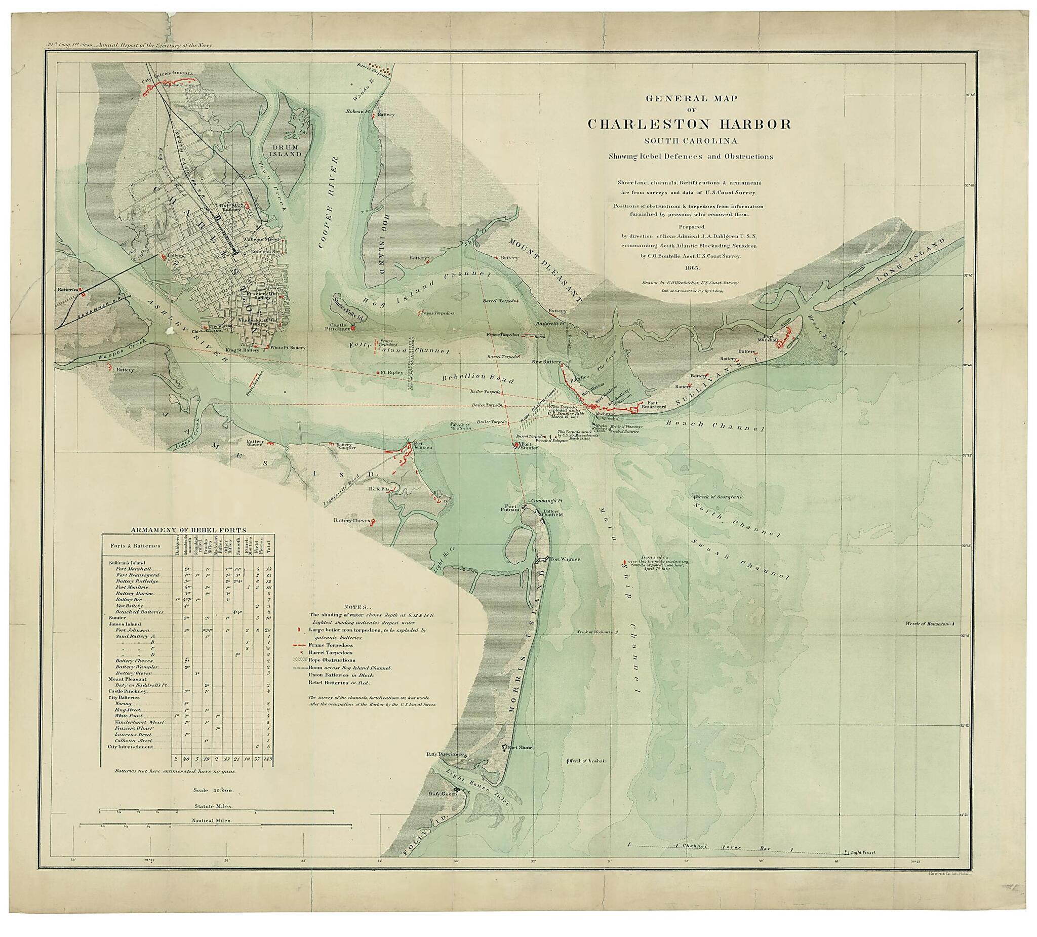 This old map of General Map of Charleston Harbor, South Carolina : Showing Rebel Defences sic and Obstructions from 1865 was created by C. O. (Charles Otis) Boutelle,  Bowen &amp; Co., Charles G. Krebs, Eugene Willenbacher in 1865