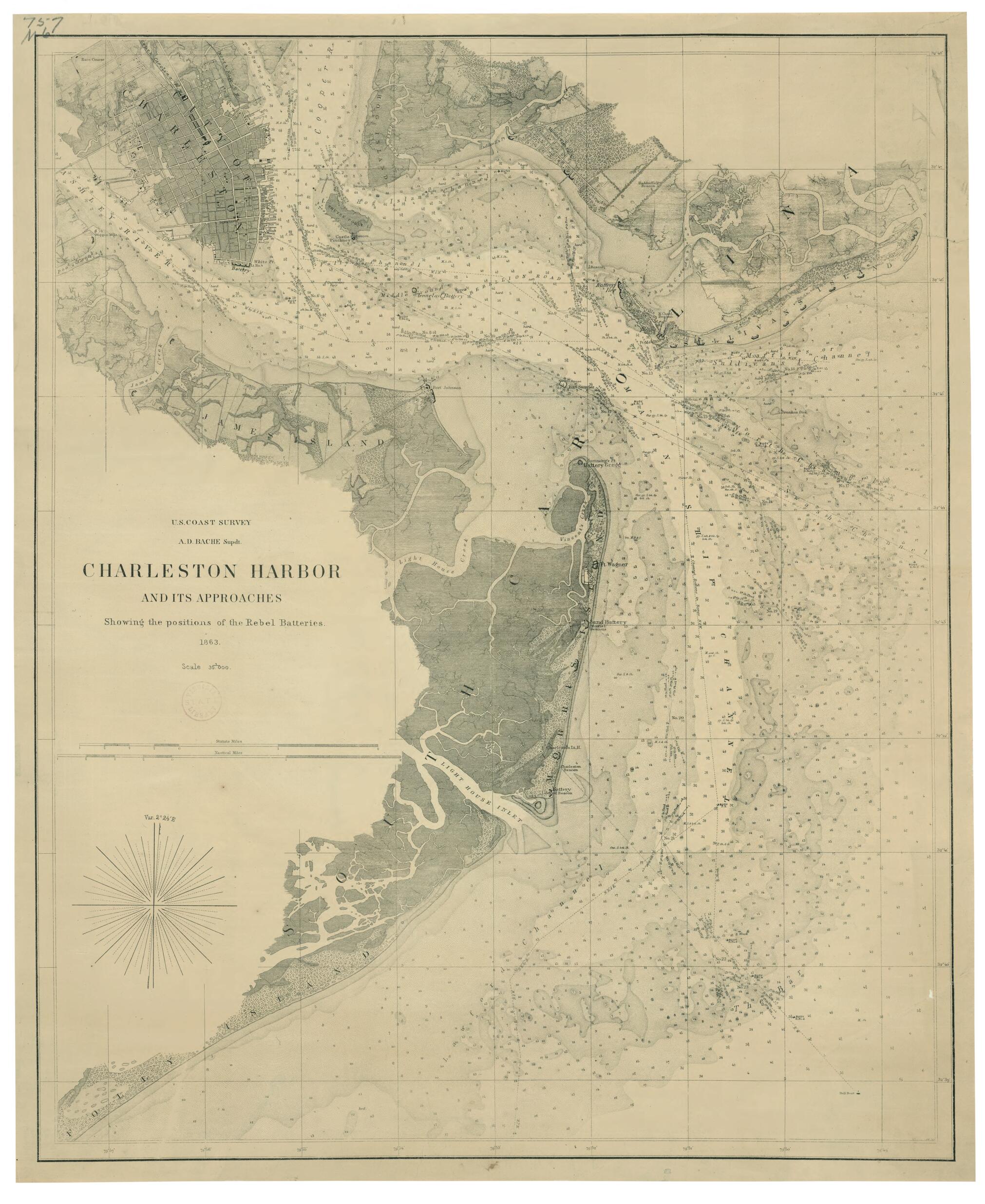 This old map of Charleston Harbor and Its Approaches Showing the Positions of the Rebel Batteries from 1863 was created by  United States Coast Survey in 1863