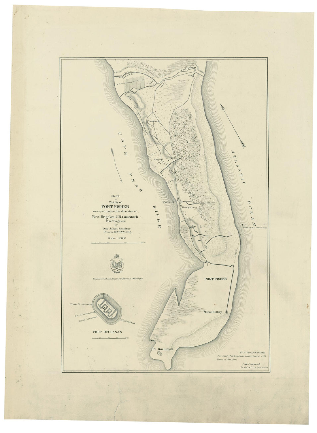 This old map of Sketch of Vicinity of Fort Fisher from 1865 was created by C. B. (Cyprus Ballou) Comstock, E. Molitor, Otto Julian Schultze,  United States. War Dept. Engineer Bureau in 1865