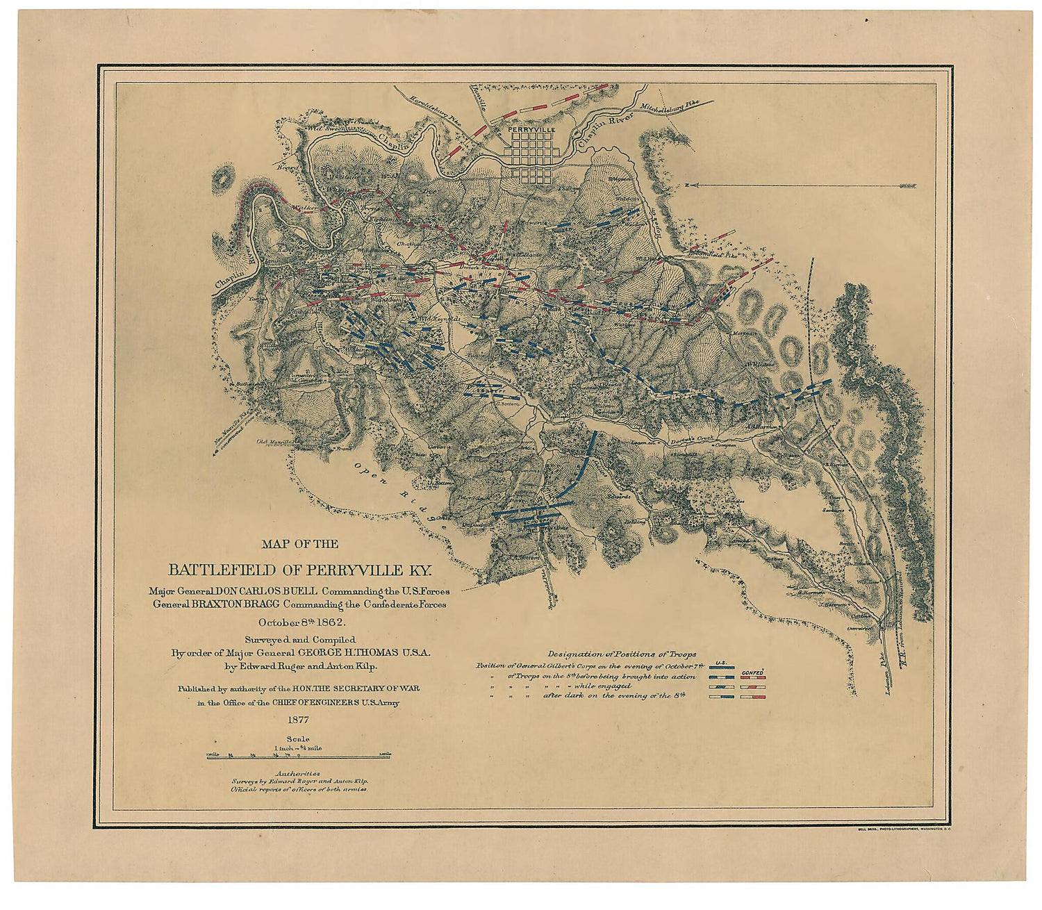 This old map of Map of the Battlefield of Perryville, Ky : Major General Don Carlos Buell Commanding the U.S. Forces, General Braxton Bragg Commanding the Confederate Forces. October 8th 1862 from 1877 was created by  Bell Bros, Anton Kilp, Edward Ruger,