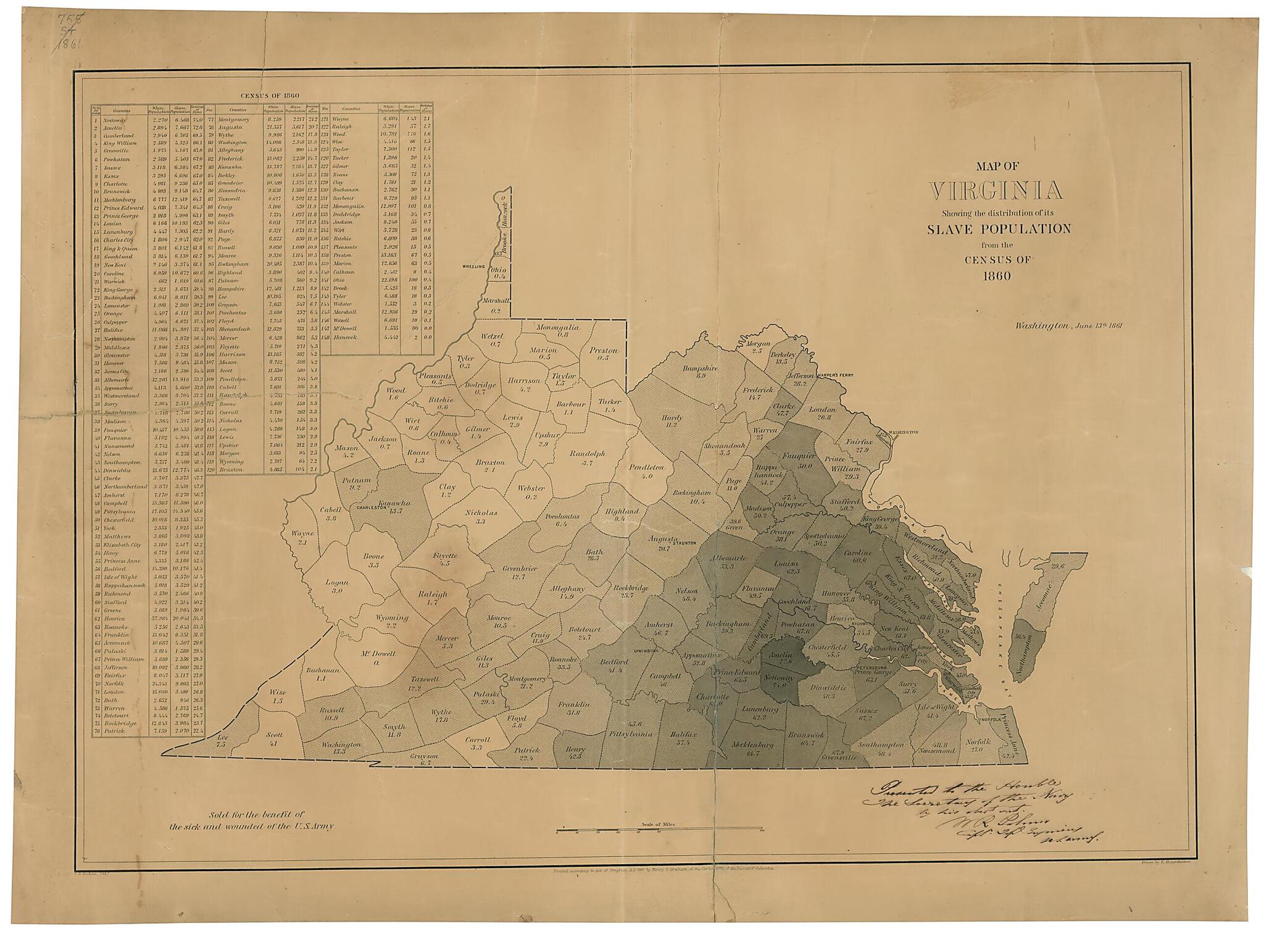 This old map of Map of Virginia : Showing the Distribution of Its Slave Population from the Census of 1860 from 1861 was created by C. B. (Curtis B.) Graham, Henry S. Graham, E. (Edwin) Hergesheimer in 1861
