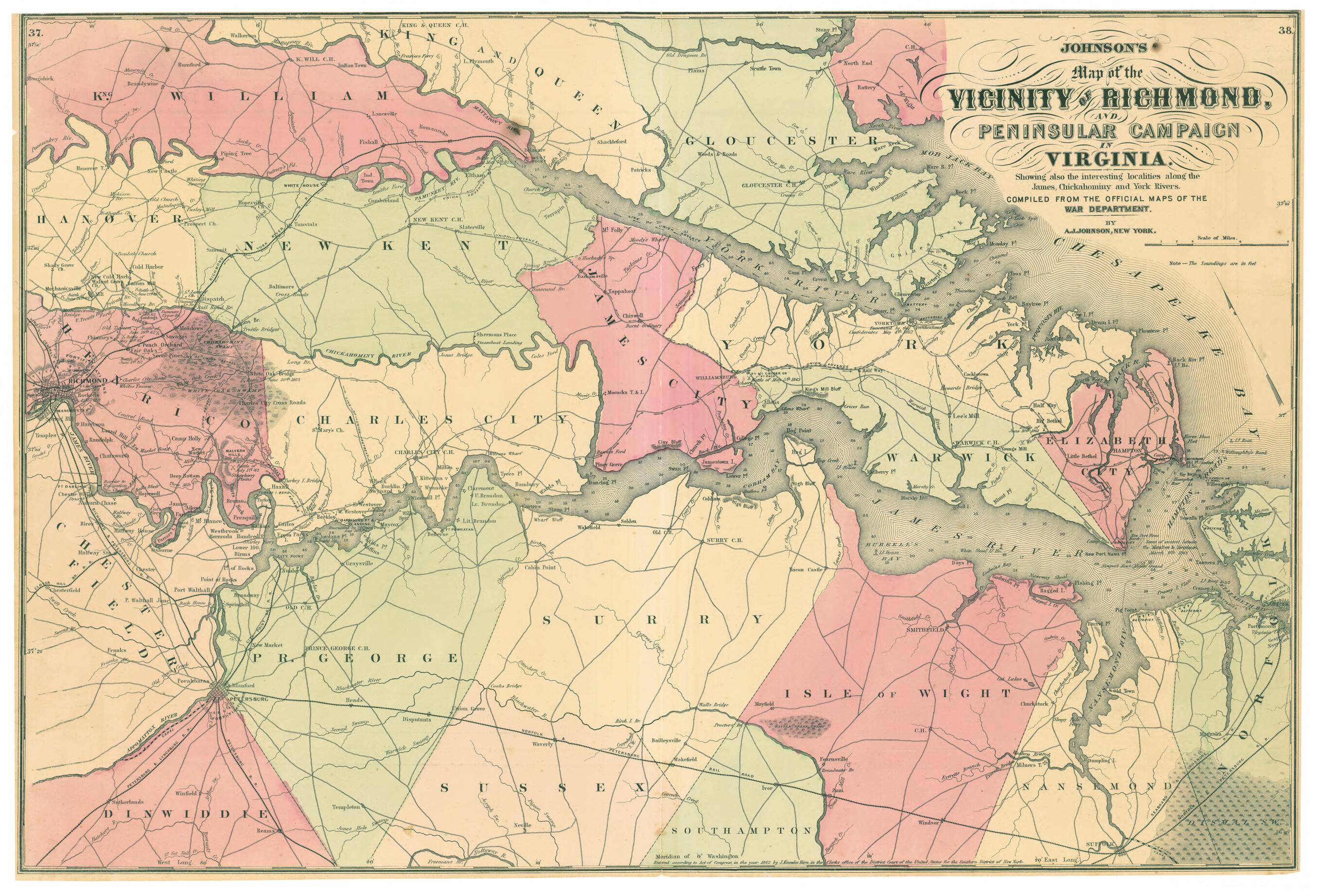 This old map of Map Showing the Location of Battle Fields of Virginia (Battle Fields of Virginia, Battlefield of Virginia) from 1898 was created by  Chesapeake and Ohio Railway Company,  Poole Brothers in 1898