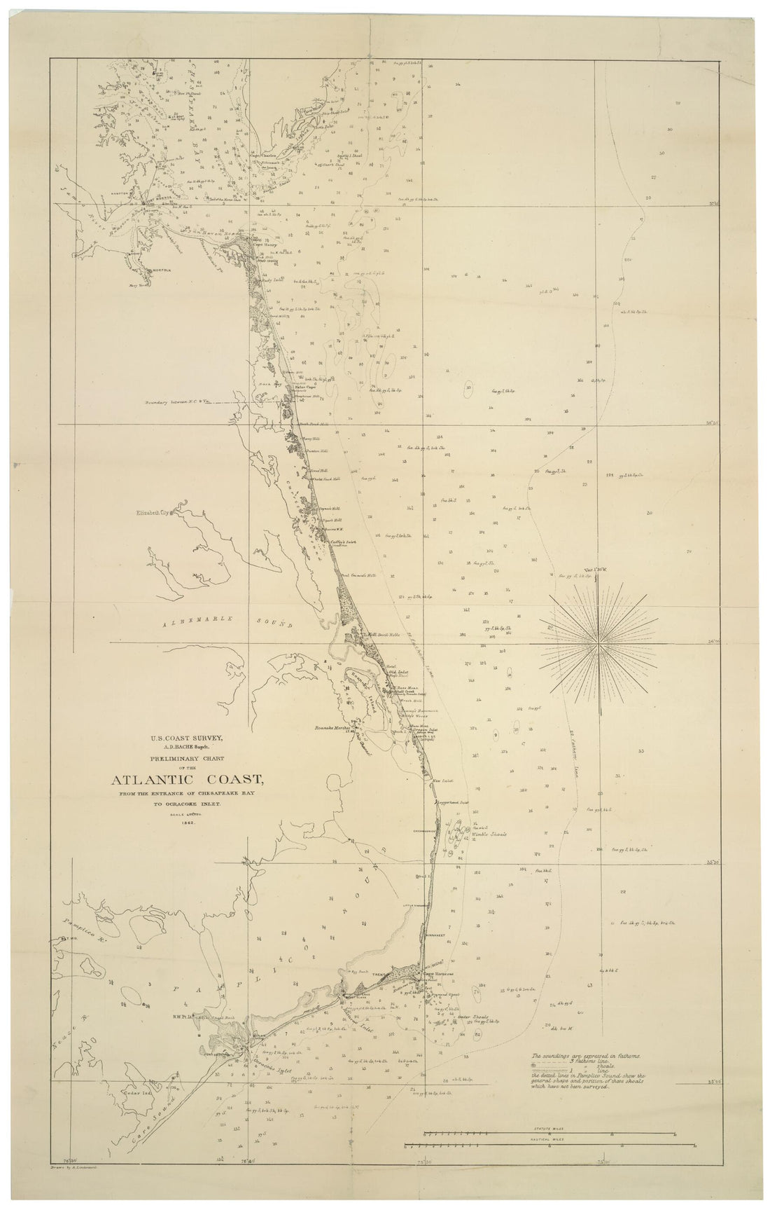This old map of Preliminary Chart of the Atlantic Coast : from the Entrance of Chesapeake Bay to Ocracoke Inlet (U.S. Coast Survey, A.D. Bache Supdt.) from 1862 was created by A. Lindenkohl,  United States Coast Survey in 1862