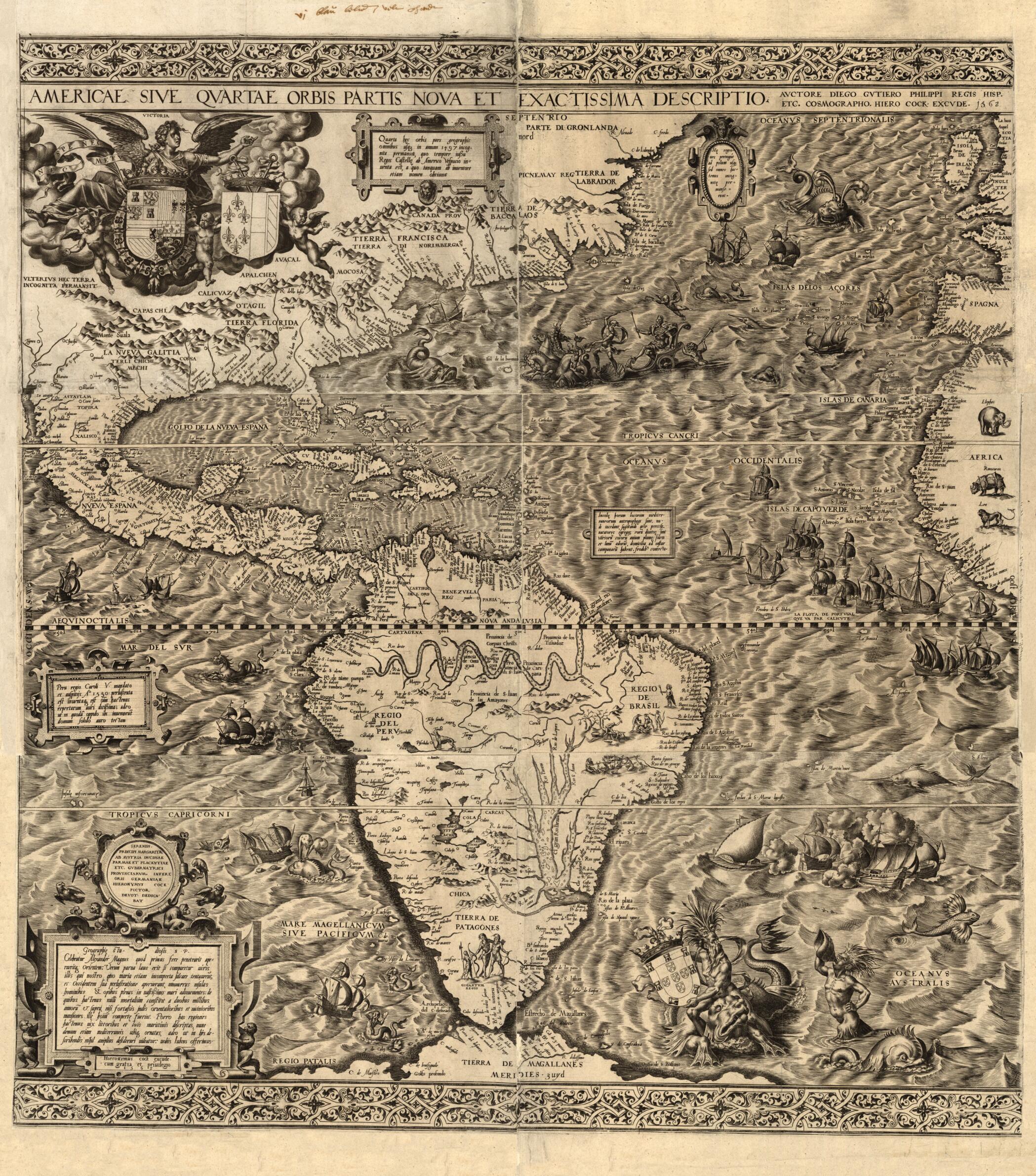 This old map of Americae Sive Qvartae Orbis Partis Nova Et Exactissima Descriptio (Americae Sive Quartae Orbis Partis Nova Et Exactissima Descriptio) from 1562 was created by Hieronymus Cock, Diego Gutiérrez,  Lessing J. Rosenwald Collection (Library of