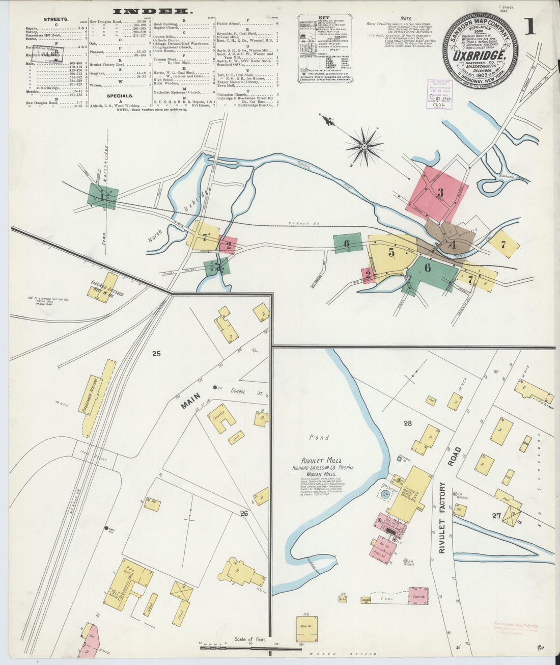 This old map of Sanborn Fire Insurance Map from Uxbridge, Worcester County, Massachusetts from 1903 was created by  in 1903